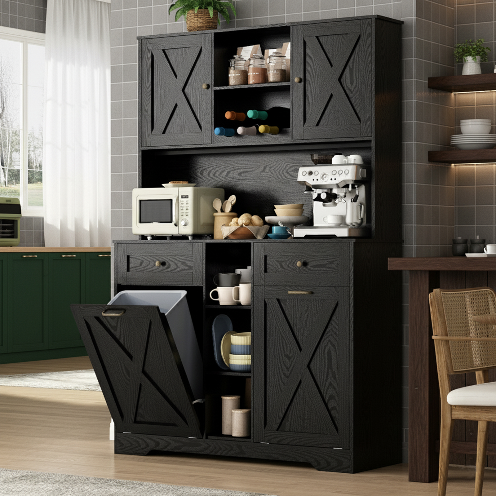 ChVans 71" Tall 47"Wide Kitchen Pantry Cabinet with Charging Station & Microwave Shelf, Farmhouse Kitchen Double Tilt Out Trash Cabinet 10X2 Gallon Garbage Holder with 2 Drawers Storage