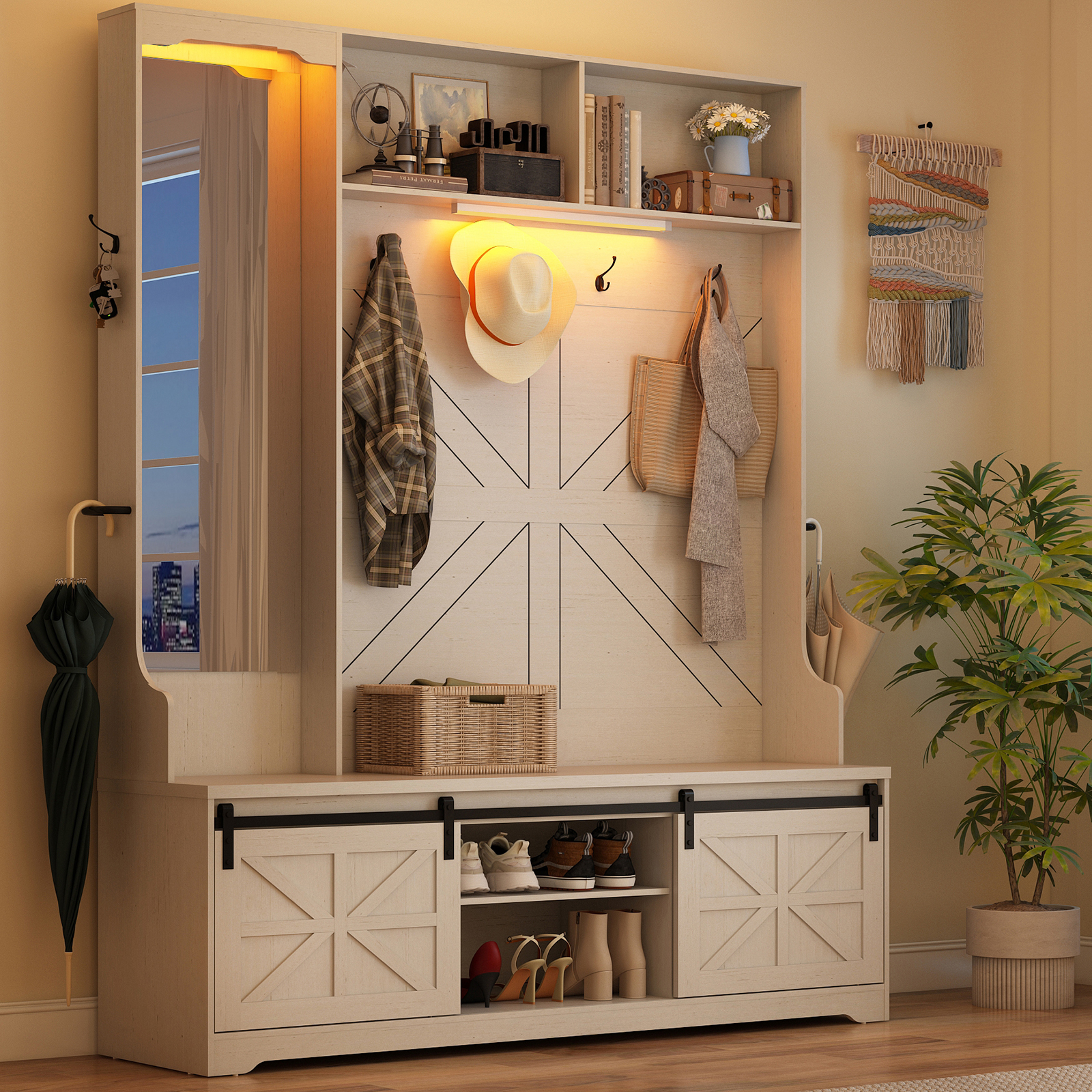 ChVans 79" Hall Tree with Mirror, LED Farmhouse Hall Tree with Bench and Shoe Storage, Hallway Tree with Sliding Barn Door, 12 Hooks, Umbrella Holder, Coat Rack for Entrance Entryway Mudroom