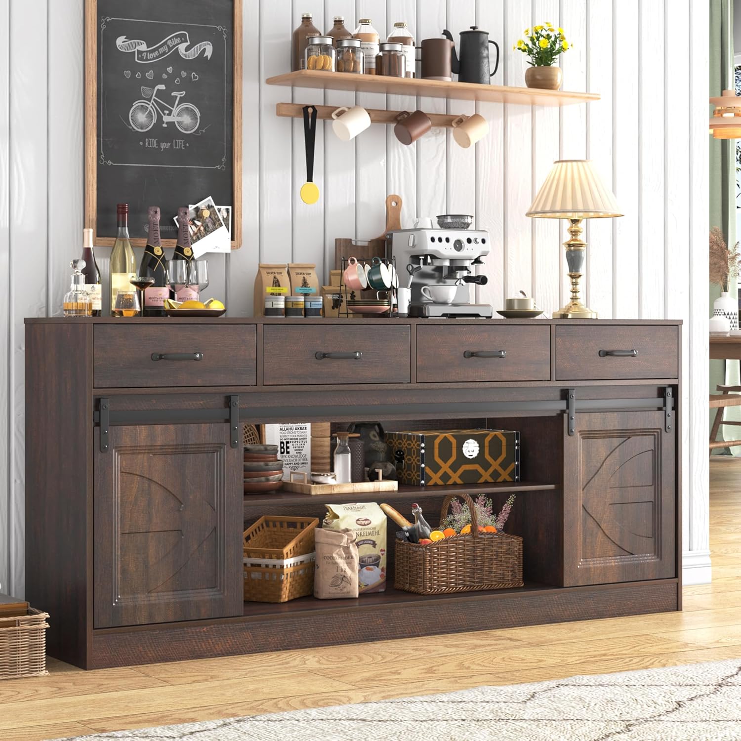 Farmhouse Buffet Cabinet, 70” Large Sideboard Cabinet with 3 Drawer, Rustic Storage Cabinets with Sliding Barn Door, Coffee Bar for Dinning Room, Kitchen, Hallway, and Living Room