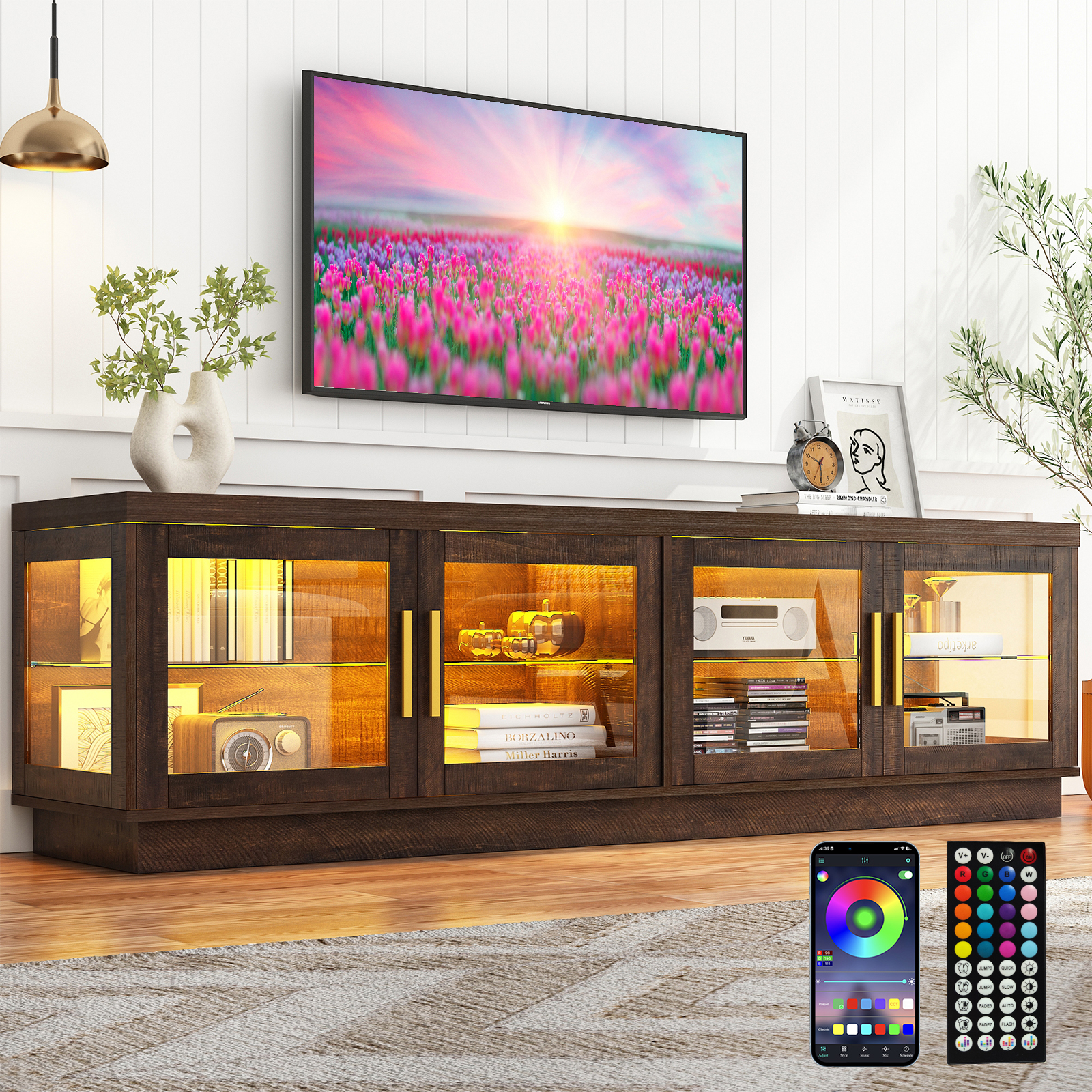 ChVans 71" LED TV Stand for 85/80/75inch TV, Wood Farmhouse TV Stand, Gaming Entertainment Center with Storage Cabinet, Modern Glass TV Stands for Living Room, Bedroom (Brown)