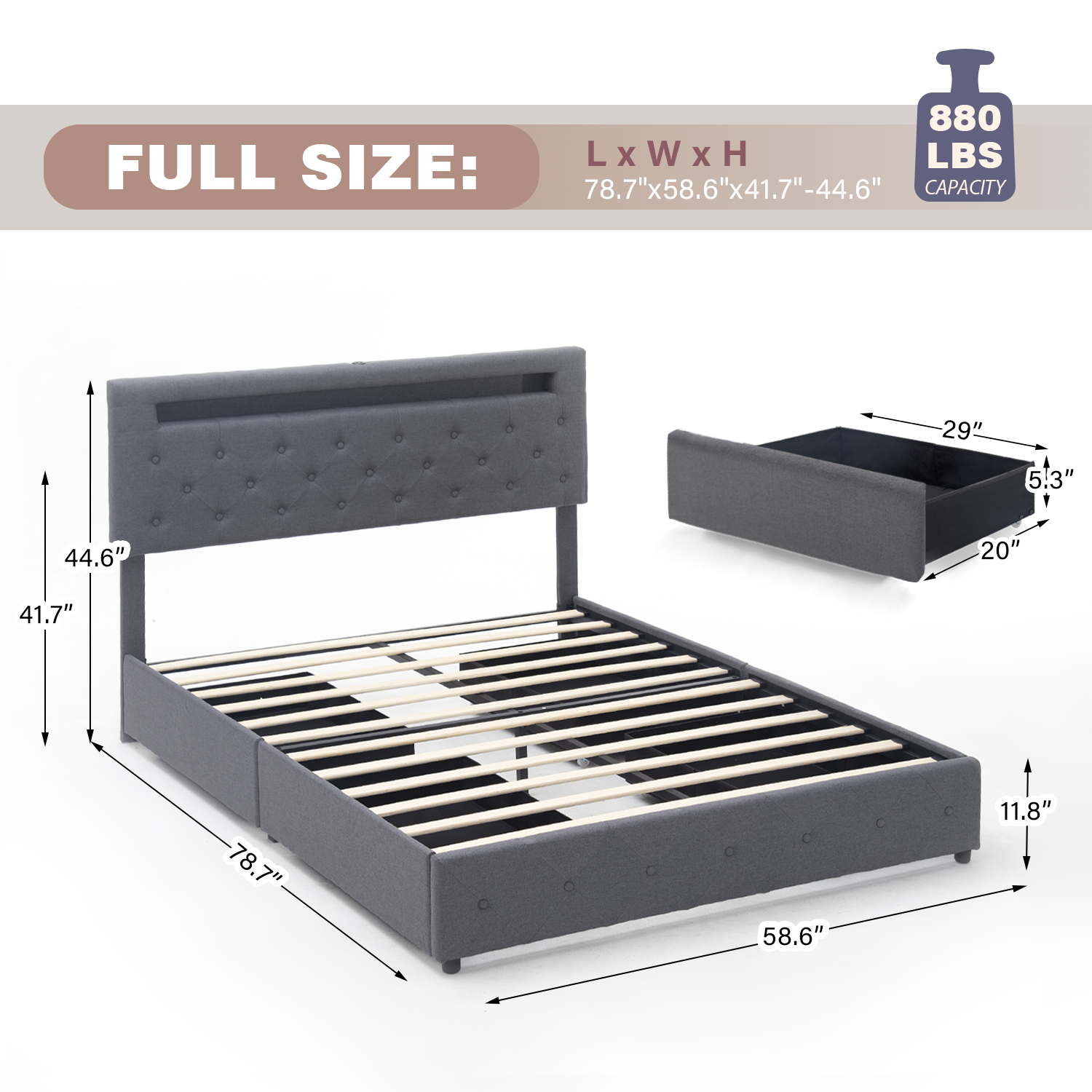 QUEEN Size Bed Frame with LED Light Headboard, Upholstered Platform Bed with 4 Drawers, Adjustable LED Lights Headboard