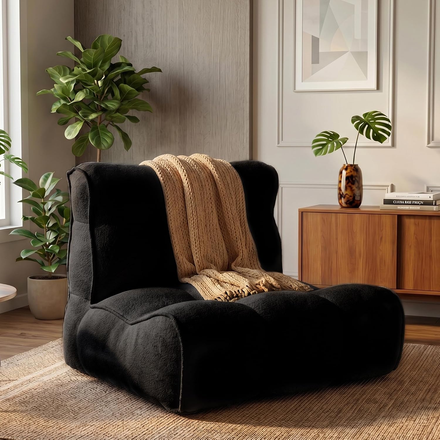 Chenille Bean Bag Floor Couch, Oversized Memory Foam Lazy Sofa, Plush Textured Floor Lounger for Bedroom, Living Room, Dorm & Game Room