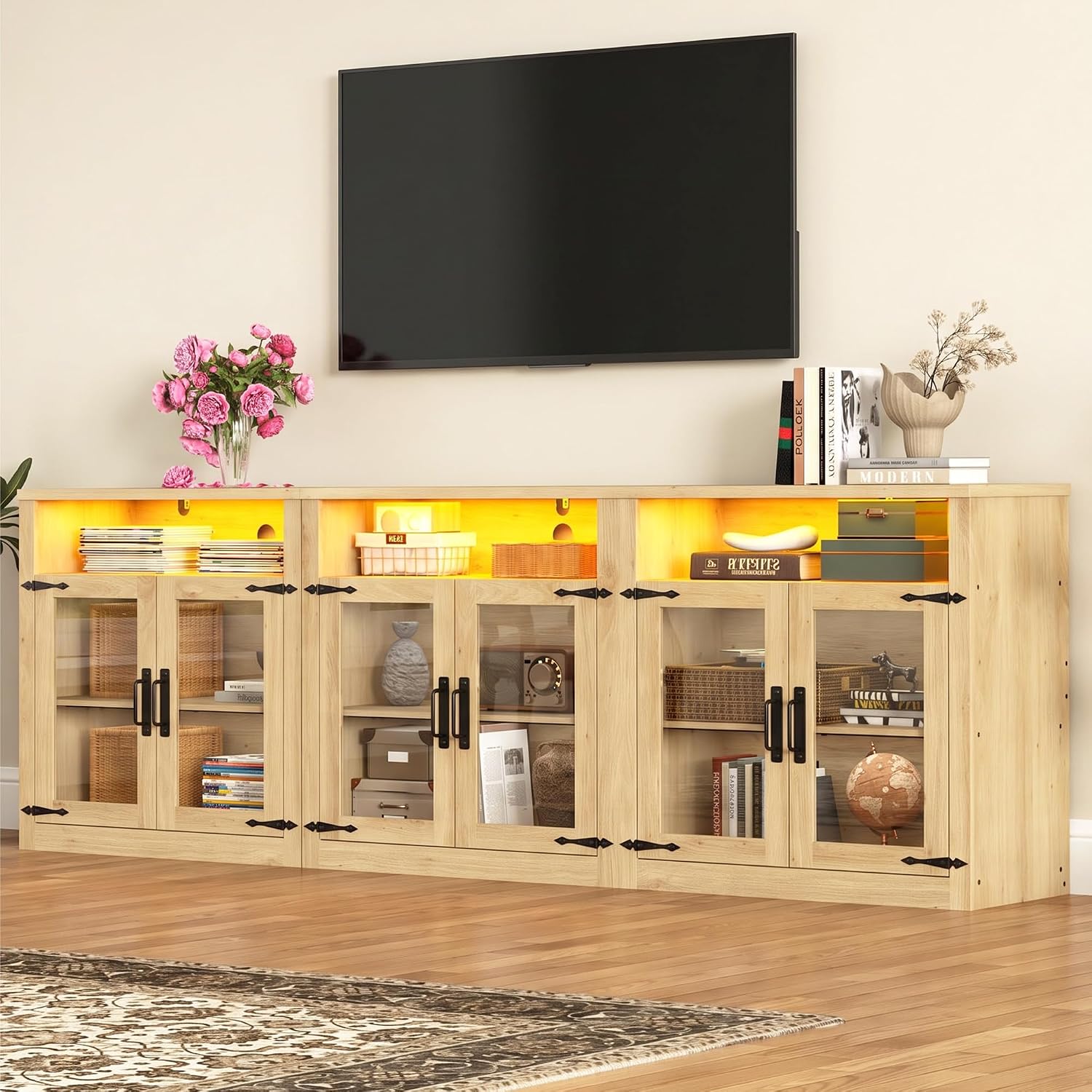 ChVans 94.5" TV Stand for 85 90 100 inch TV, Farmhouse Media Console Table Set, Wood Entertainment Center with LED Lights and Glass Doors, Oak