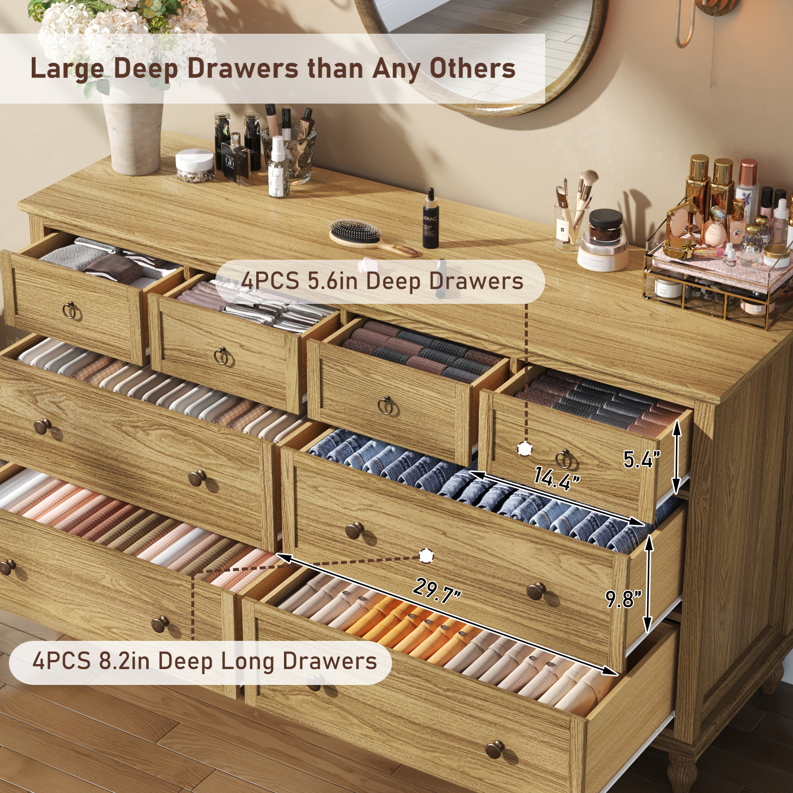 ChVans 8 Drawer Dresser for Bedroom, Modern Farmhouse Wood Wide Chest of Drawers, Storage Dressers for Bedroom, Living Room & Hallway