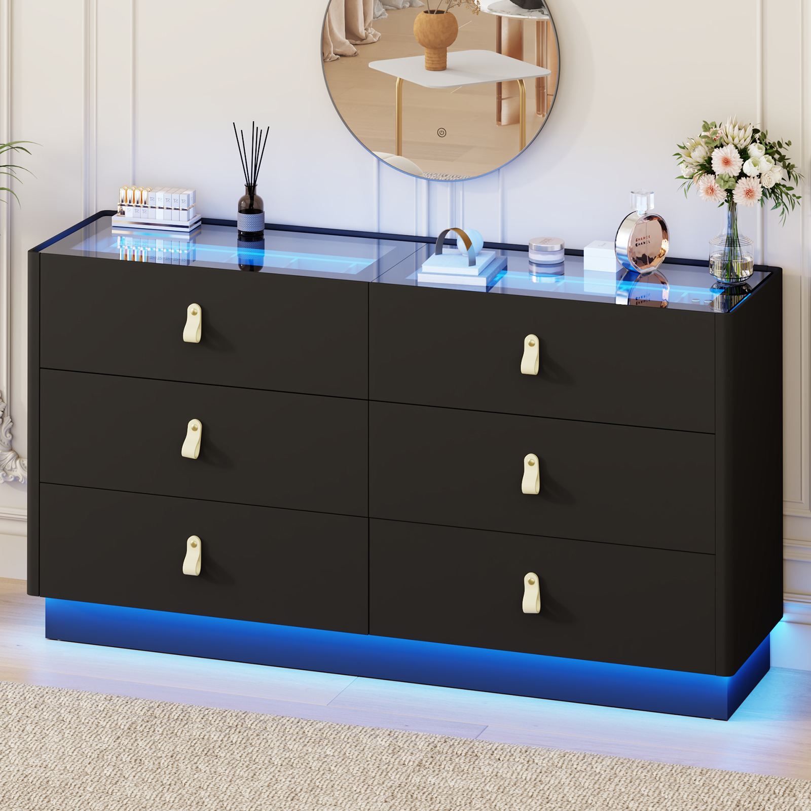 ChVans 59" Large LED Dresser with Glass Top, Jewelry Closet Island, 6 Drawer Dresser for Bedroom, Long Modern Chest of Drawers, Wide Drawer Organizer Cabinet