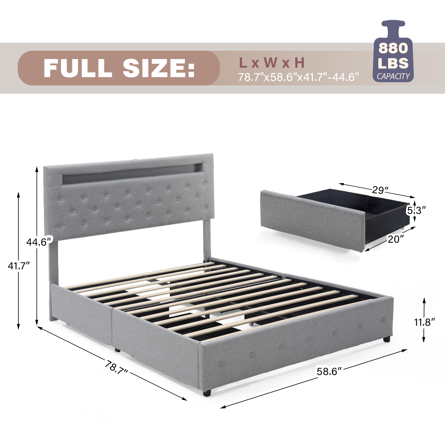 QUEEN Size Bed Frame with LED Light Headboard, Upholstered Platform Bed with 4 Drawers, Adjustable LED Lights Headboard