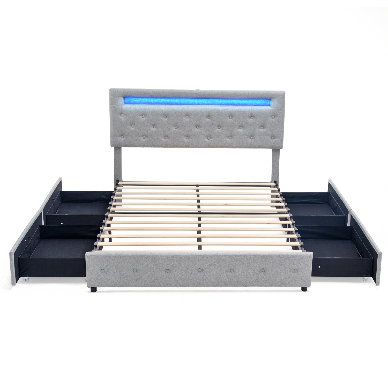 QUEEN Size Bed Frame with LED Light Headboard, Upholstered Platform Bed with 4 Drawers, Adjustable LED Lights Headboard