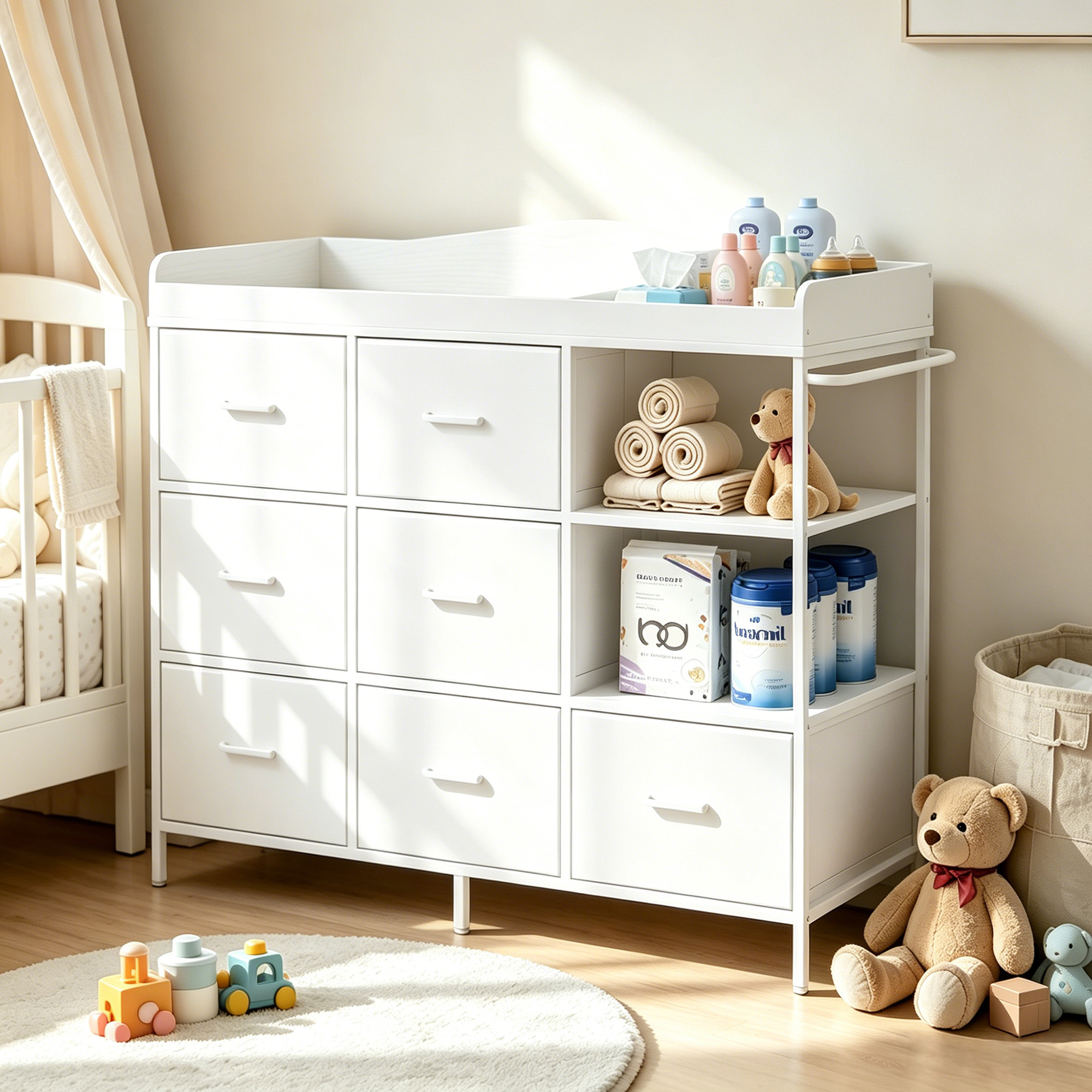 ANPOO Baby Changing Table Dresser with 7 Fabric Drawers, Changing Top & Open Shelves, Nursery Storage Organizer White