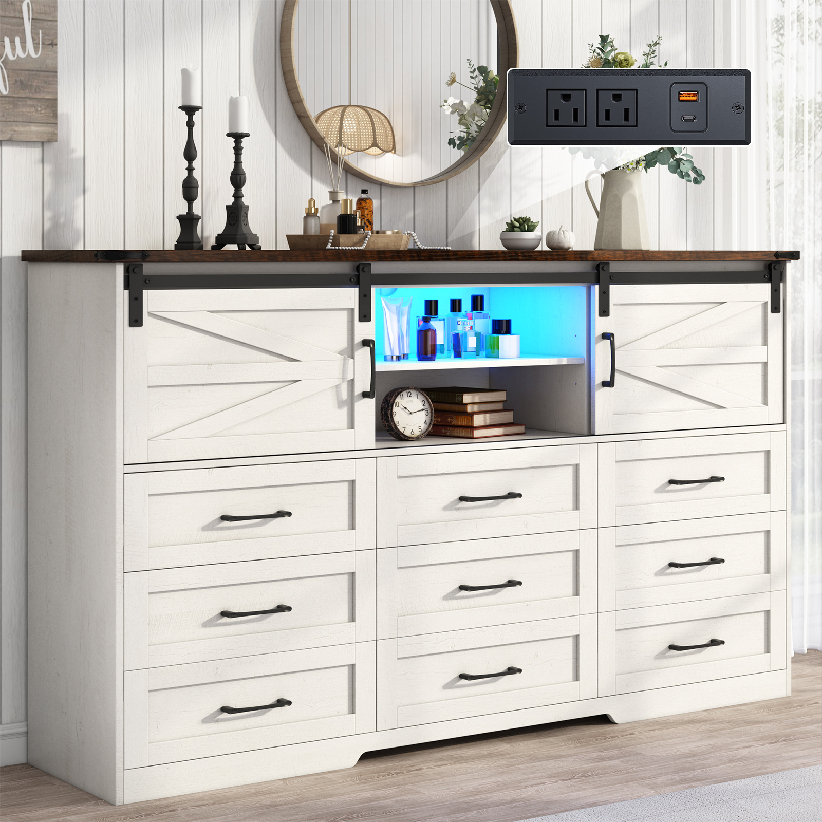 ChVans 63'' Farmhouse Dresser with LED Light & Power Outlet, 9 Drawers, 2 Sliding Doors, 2 Storage layers, Rustic Dresser TV Stand for 70in TV, Wood Storage Cabinet for Bedroom, Living Room, Hallway