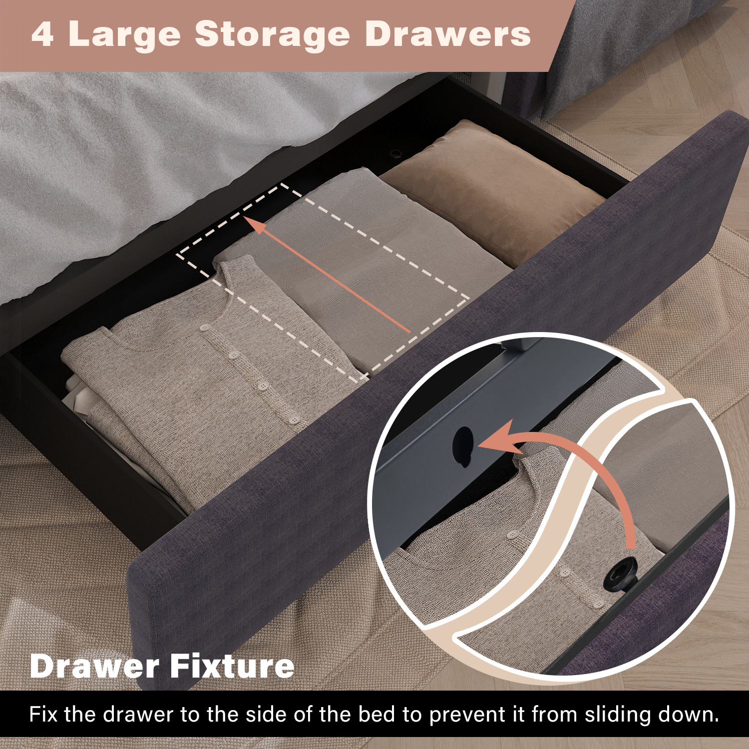 QUEEN Size Bed Frame with LED Light Headboard, Upholstered Platform Bed with 4 Drawers, Adjustable LED Lights Headboard