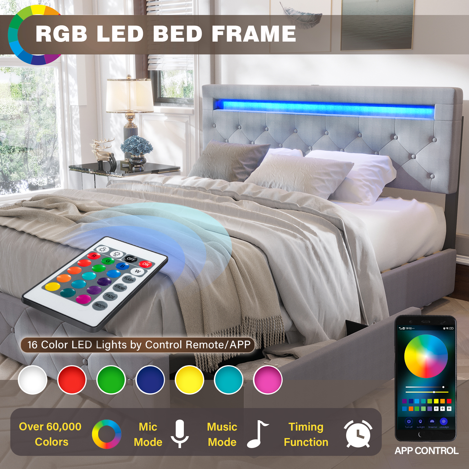 QUEEN Size Bed Frame with LED Light Headboard, Upholstered Platform Bed with 4 Drawers, Adjustable LED Lights Headboard