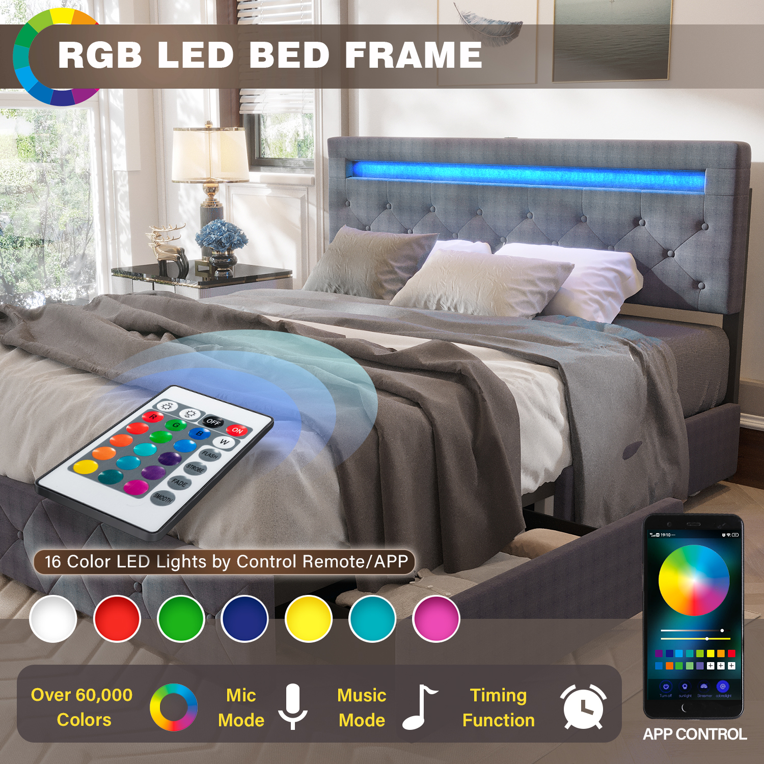 QUEEN Size Bed Frame with LED Light Headboard, Upholstered Platform Bed with 4 Drawers, Adjustable LED Lights Headboard