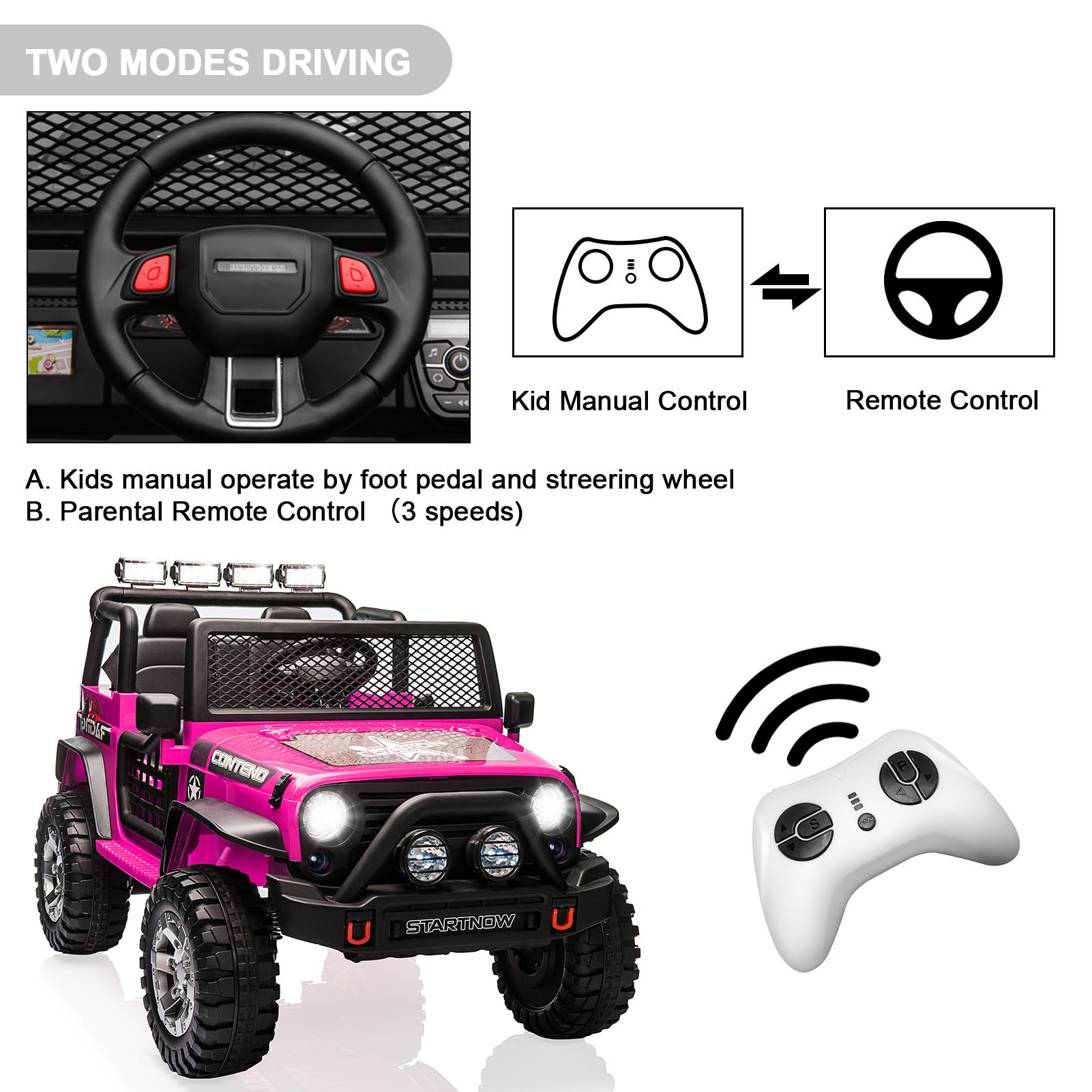 12 V Kids Ride On Truck, 2-Seater Battery Powered Toy Car w/ Remote Control, Spring Suspension, Bluetooth, LED Lights