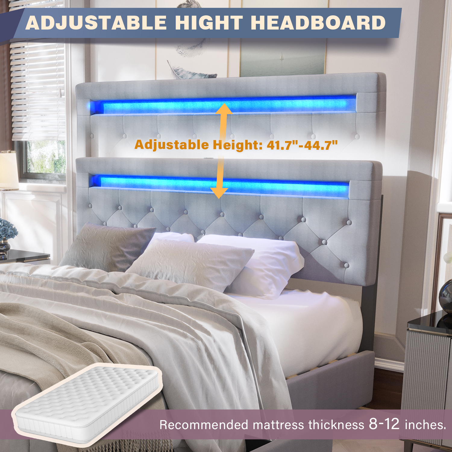 QUEEN Size Bed Frame with LED Light Headboard, Upholstered Platform Bed with 4 Drawers, Adjustable LED Lights Headboard