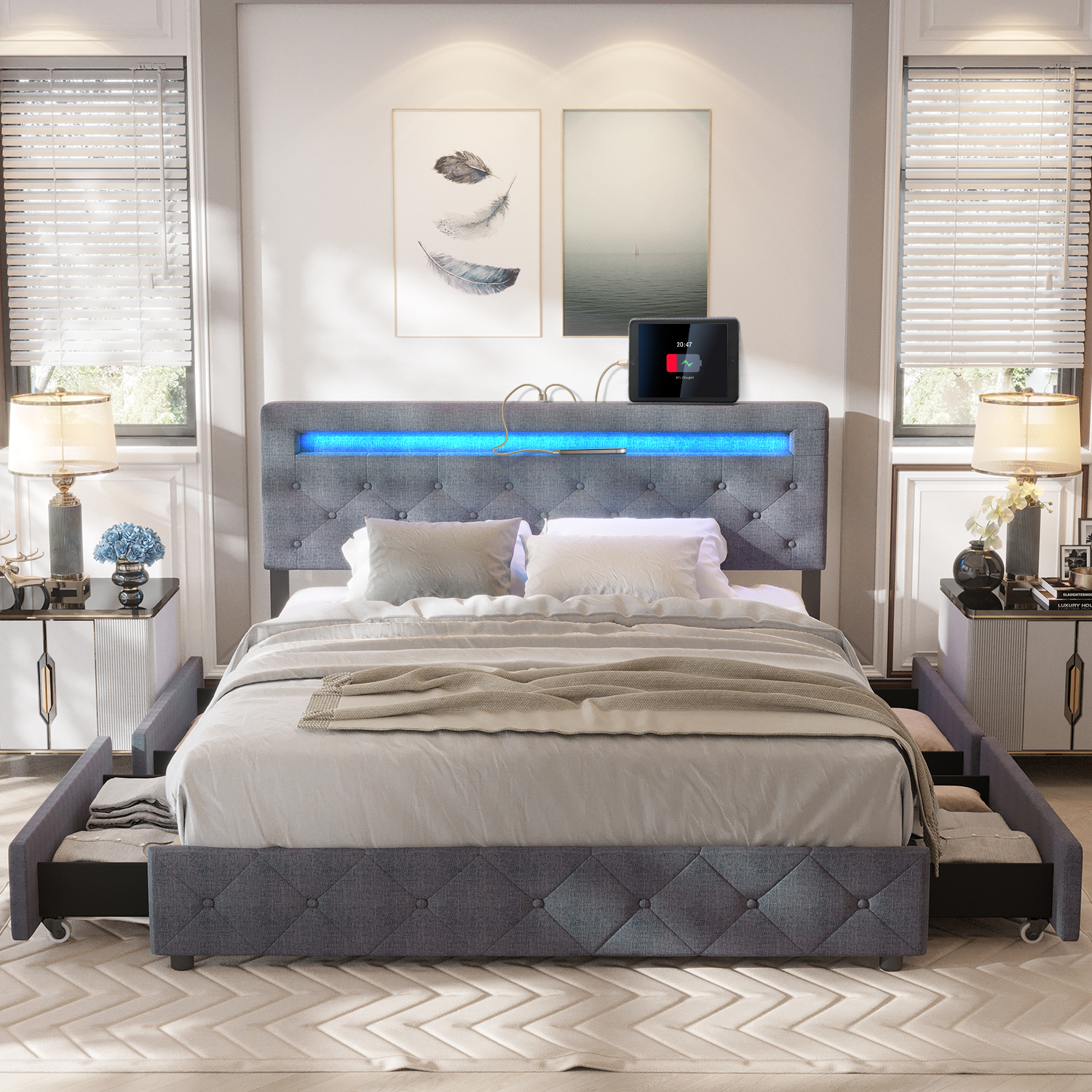 QUEEN Size Bed Frame with LED Light Headboard, Upholstered Platform Bed with 4 Drawers, Adjustable LED Lights Headboard