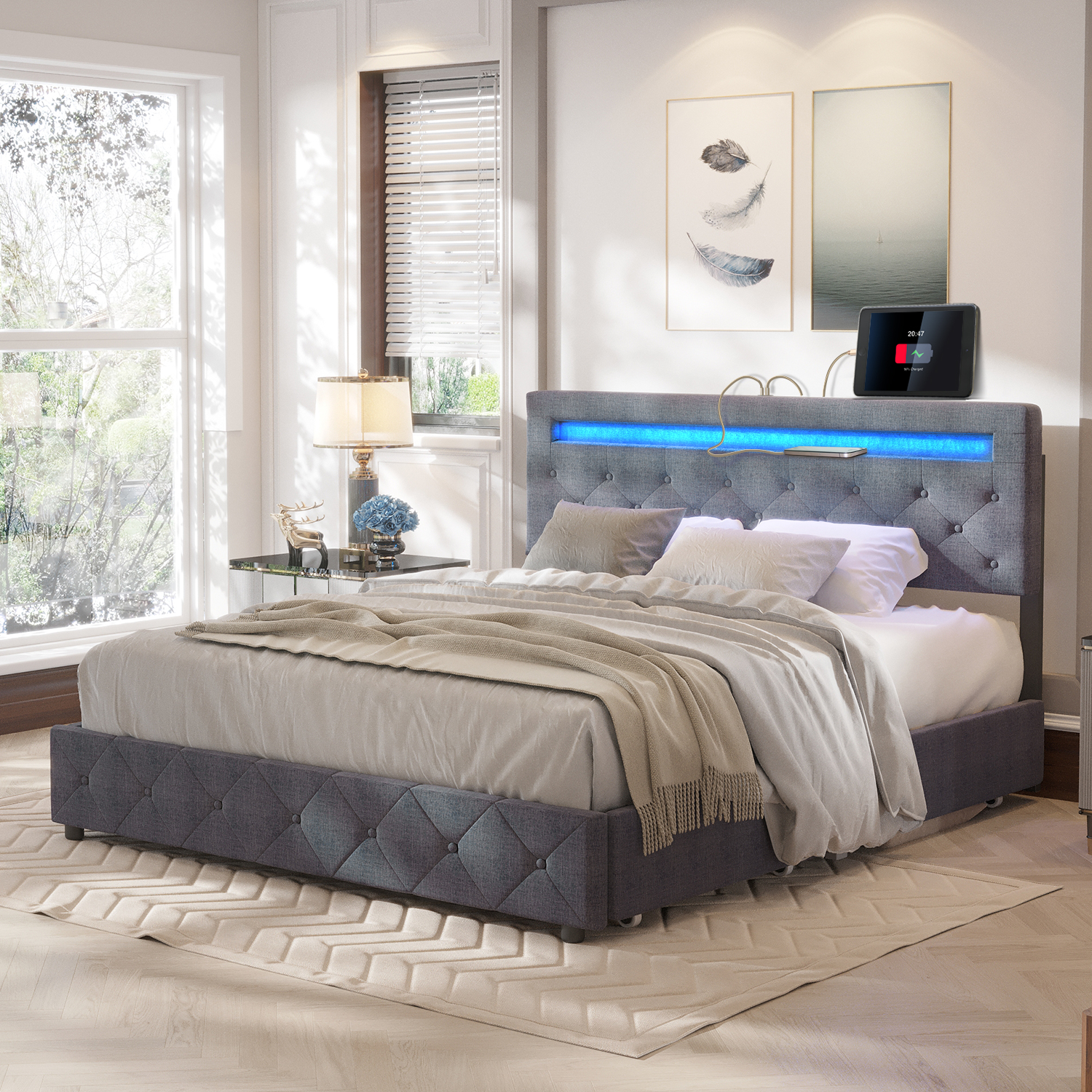 QUEEN Size Bed Frame with LED Light Headboard, Upholstered Platform Bed with 4 Drawers, Adjustable LED Lights Headboard