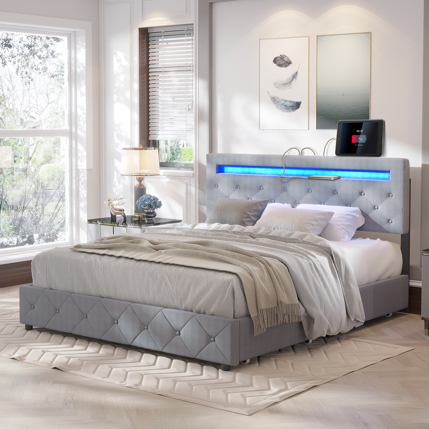 QUEEN Size Bed Frame with LED Light Headboard, Upholstered Platform Bed with 4 Drawers, Adjustable LED Lights Headboard