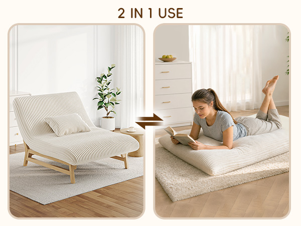  51''Armless Lounge Chair, 2-in-1 Convertible Floor Sofa Bed with Solid Wood Frame, Full Memory Foam Corduroy Accent Chair with Lumbar Pillow, Ergonomic Support for Living Room Bedroom Office