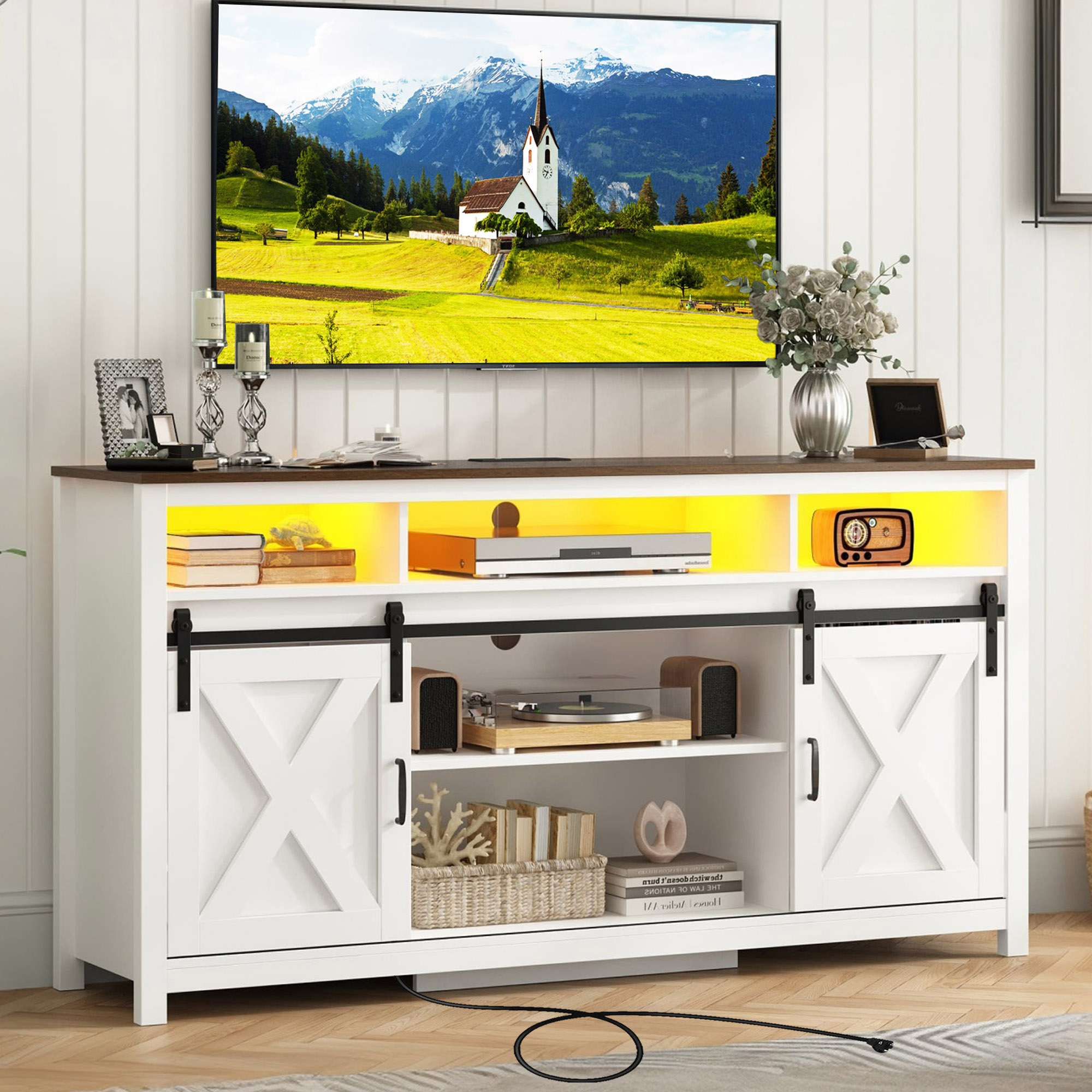 Farmhouse TV Stand for 65" 70" TVs with LED Light/Outlets USB Ports, 61" Large Entertainment Center with Sliding Barn Door & 4 Tier Storage