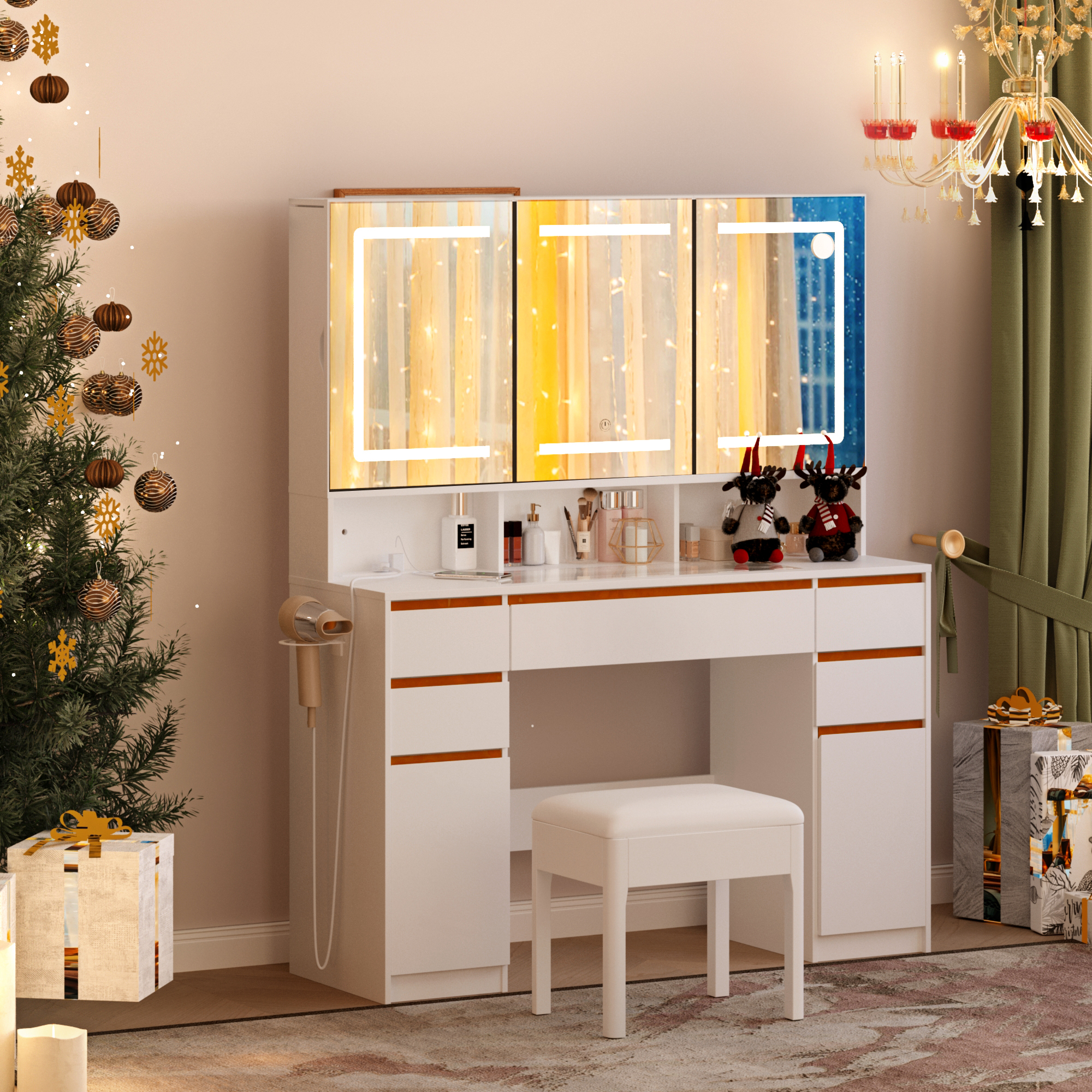 ChVans 47'' Vanity Desk with Large LED Lighted Mirror & Power Outlet, Makeup Vanity with 3 Light Modes, Glass Top, 5 Drawers & 2 Cabinets for Women, Girls Gift