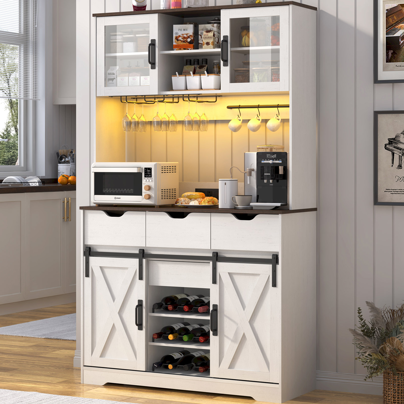 72" Tall Kitchen Pantry with LED Light & Power Outlet & Wine Rack, Large Pantry Hutch Cabinet with Sliding Barn Door & Glass Doors & 4 Drawers