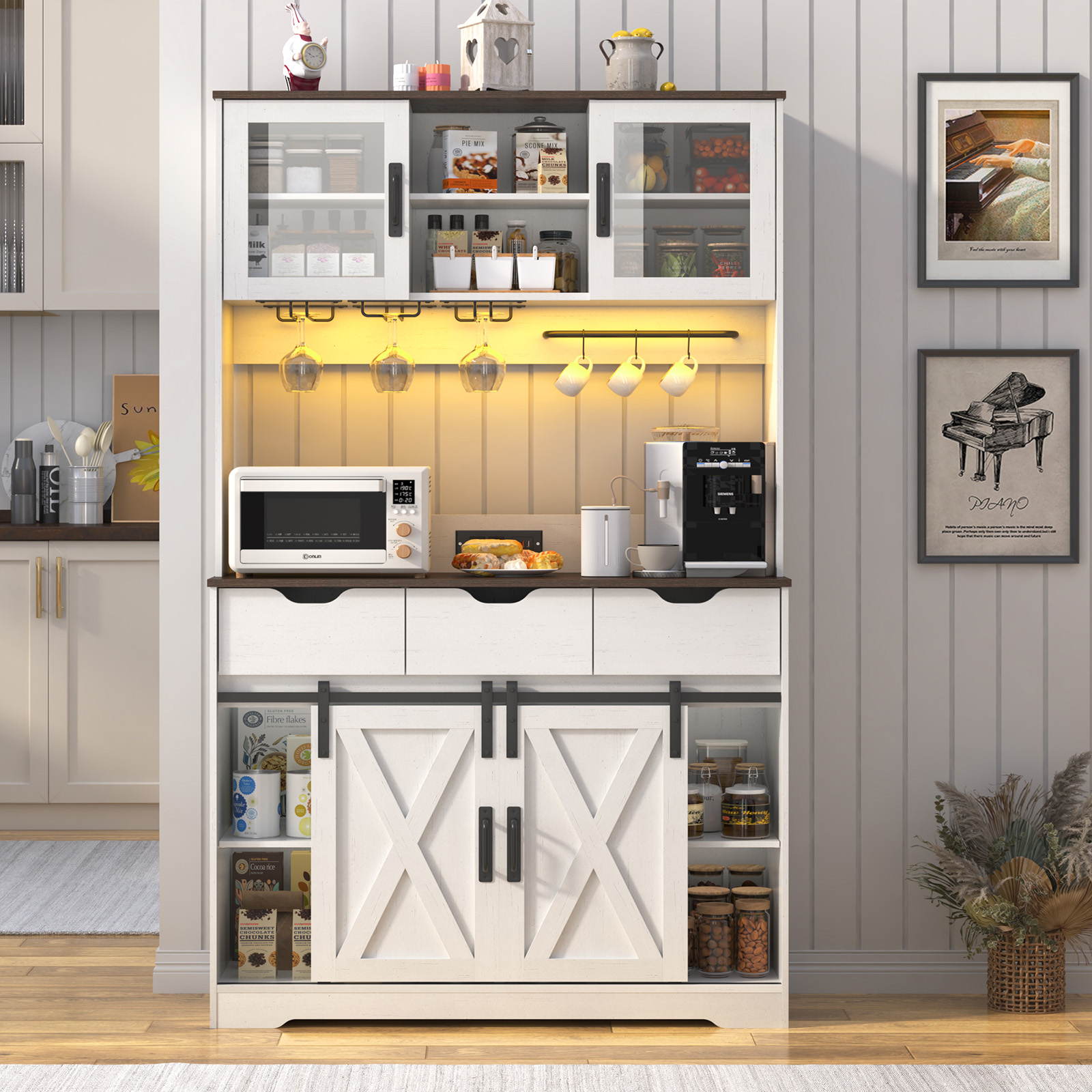 72" Tall Kitchen Pantry with LED Light & Power Outlet & Wine Rack, Large Pantry Hutch Cabinet with Sliding Barn Door & Glass Doors & 4 Drawers