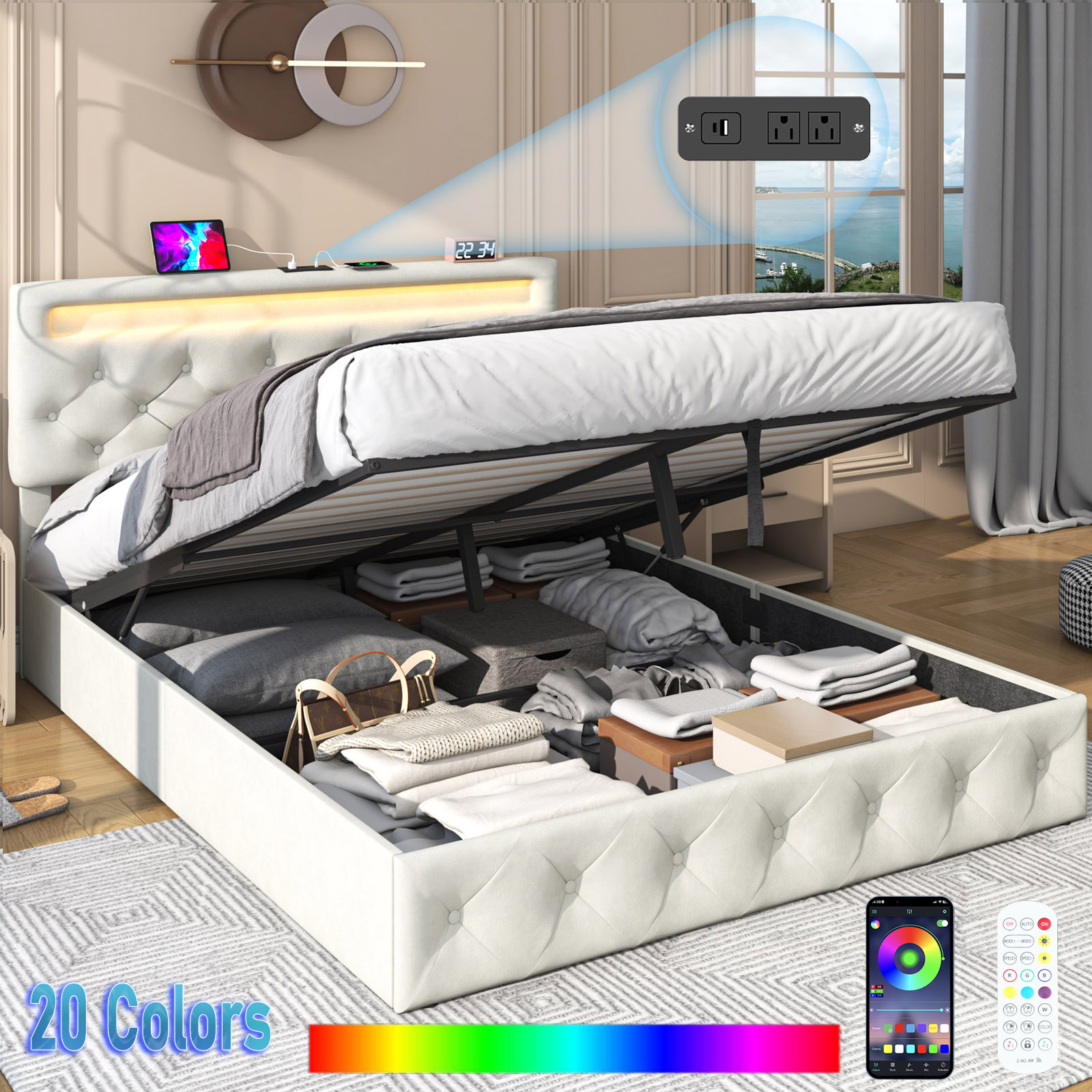 ChVans Lift Up Storage Bed Frame, LED Upholstered Platform Bed with Power Charging Station, Velvet Button Tufted Headboard