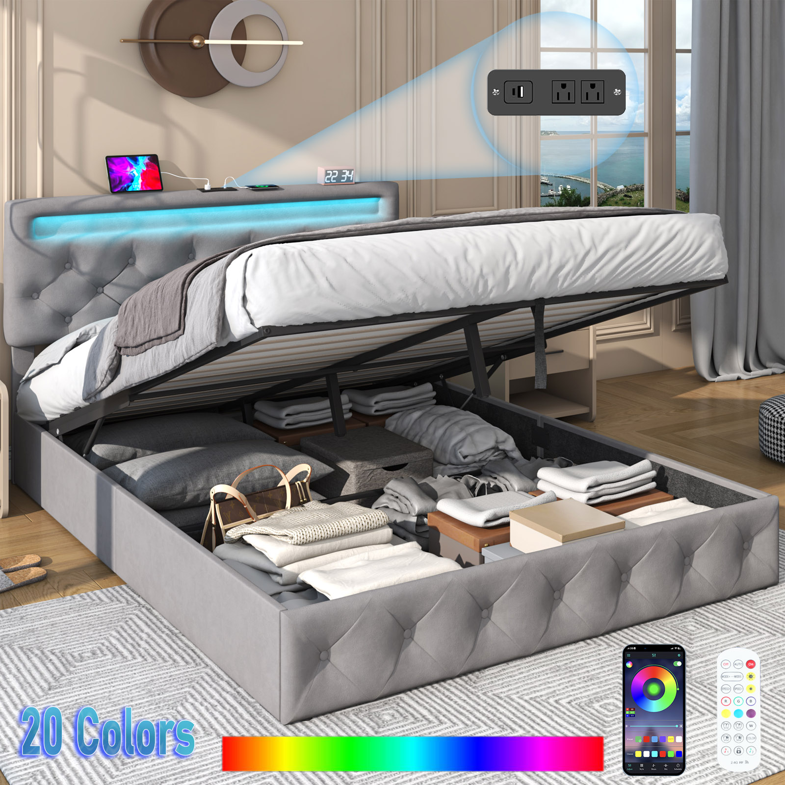 ChVans Lift Up Storage Bed Frame, LED Upholstered Platform Bed with Power Charging Station, Velvet Button Tufted Headboard