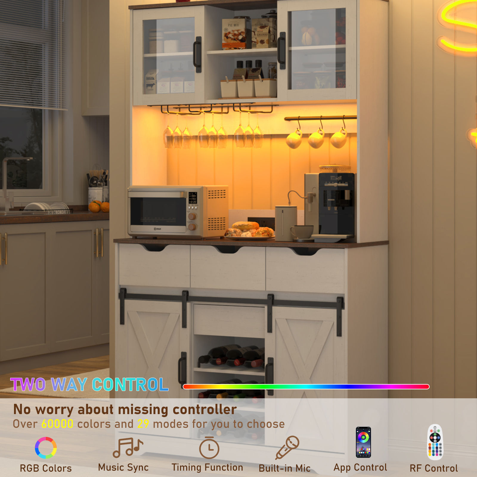 72" Tall Kitchen Pantry with LED Light & Power Outlet & Wine Rack, Large Pantry Hutch Cabinet with Sliding Barn Door & Glass Doors & 4 Drawers