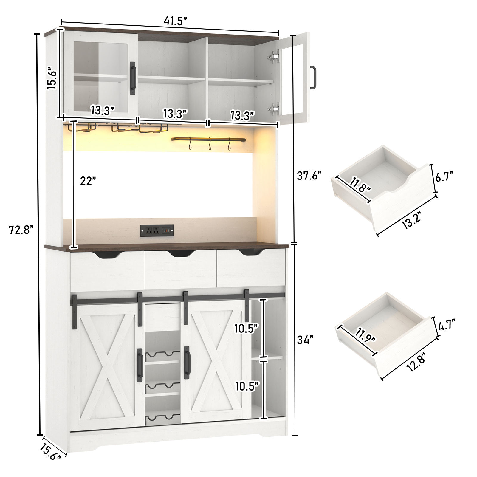 72" Tall Kitchen Pantry with LED Light & Power Outlet & Wine Rack, Large Pantry Hutch Cabinet with Sliding Barn Door & Glass Doors & 4 Drawers