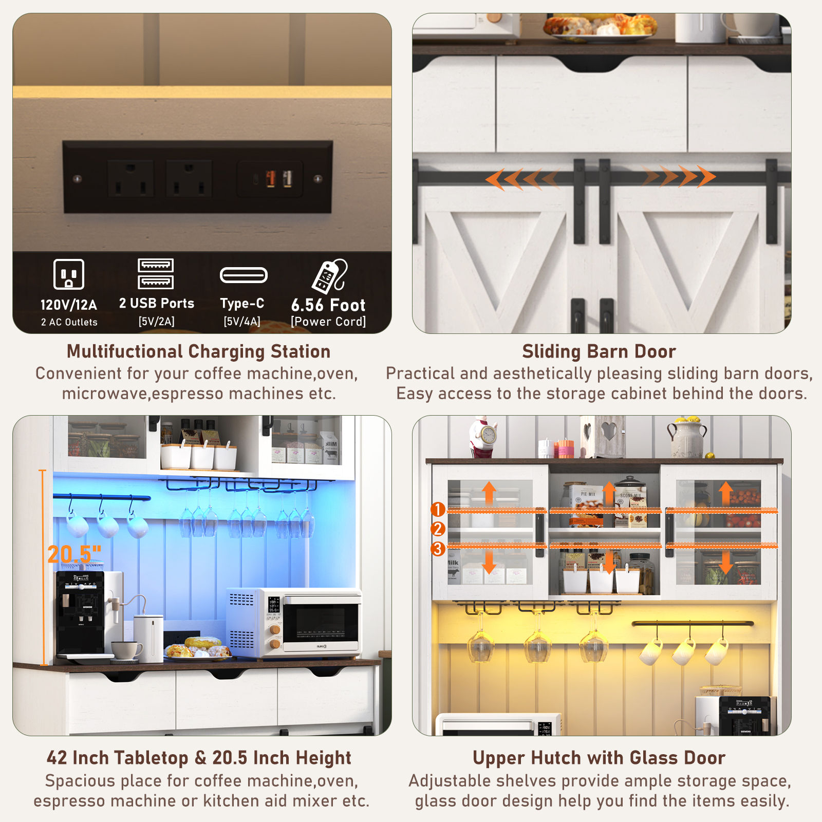 72" Tall Kitchen Pantry with LED Light & Power Outlet & Wine Rack, Large Pantry Hutch Cabinet with Sliding Barn Door & Glass Doors & 4 Drawers