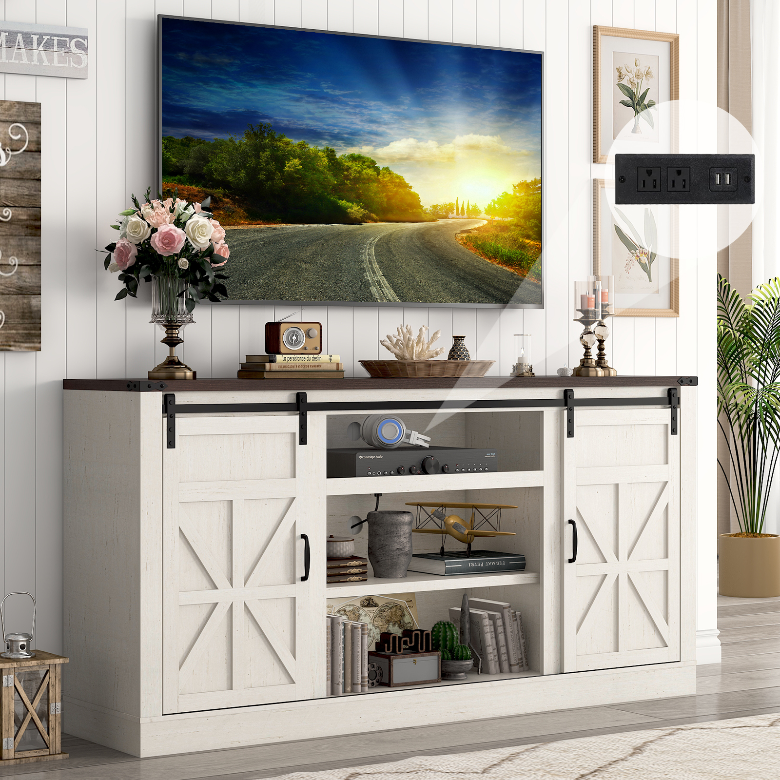 ChVans TV Stand for TVs up to 75", 66" Farmhouse Entertainment Center with Storage Cabinets, Sliding Barn Doors and Power Outlets, Rustic Media TV Console Table for Living Room