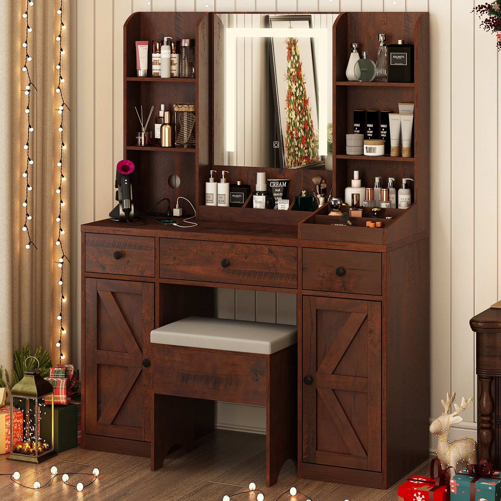 ChVans Farmhouse Vanity Desk with LED Lighted Mirror & Charging Station, 43.2" Large Makeup Vanity with Storage Drawers & Stool, Makeup Vanity Table for Girls Bedroom