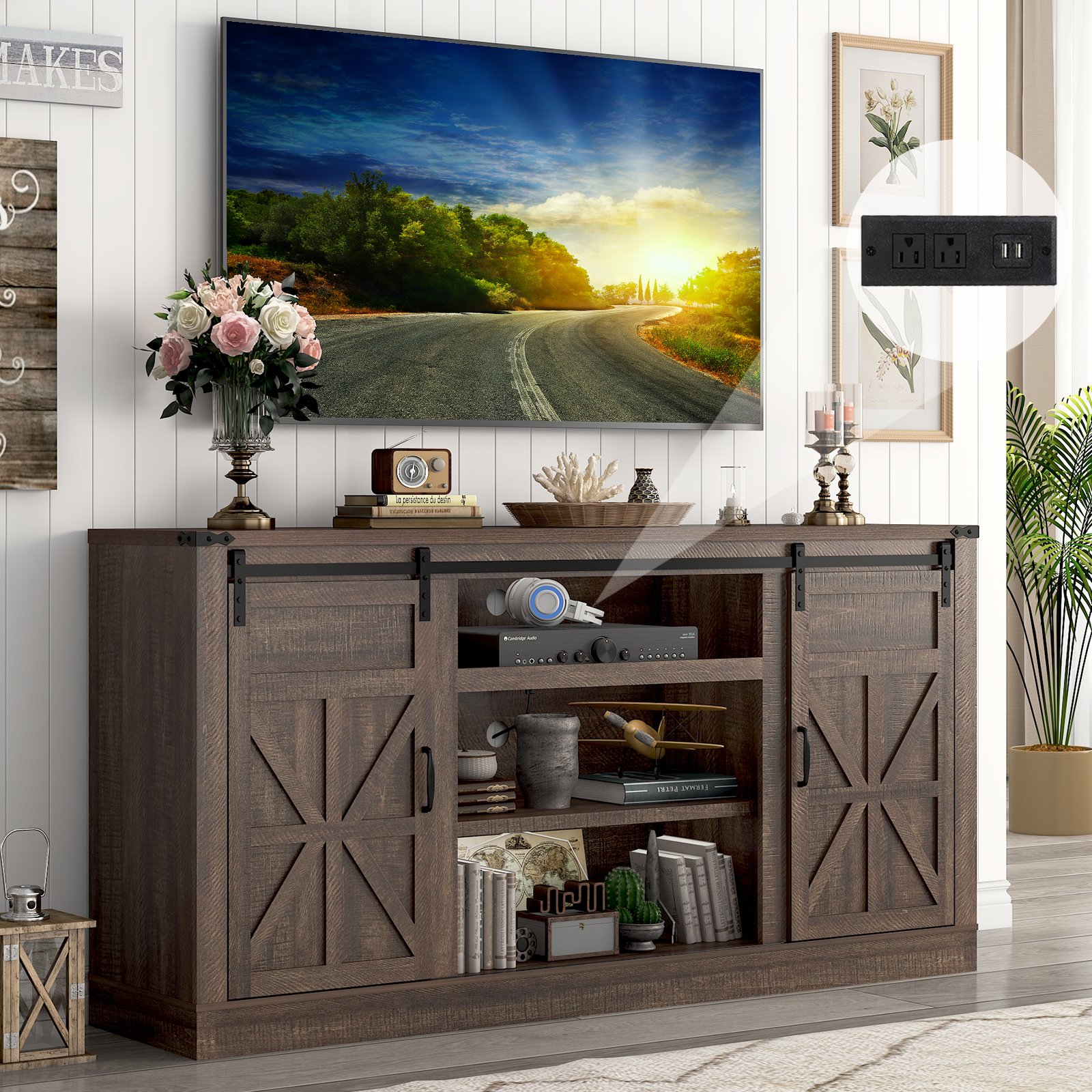 ChVans TV Stand for TVs up to 75", 66" Farmhouse Entertainment Center with Storage Cabinets, Sliding Barn Doors and Power Outlets, Rustic Media TV Console Table for Living Room