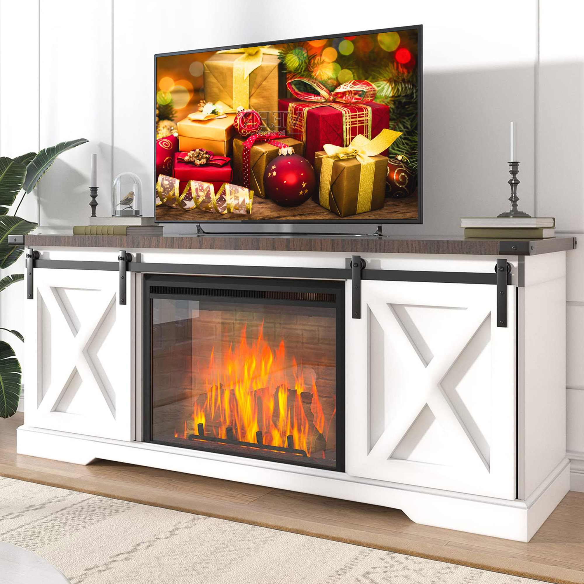 Chvans Farmhouse TV Stand for TVs up to 65 inch & 23" Electric Fireplace, Barn Door Entertainment Center Console Table with Adjustable Shevles