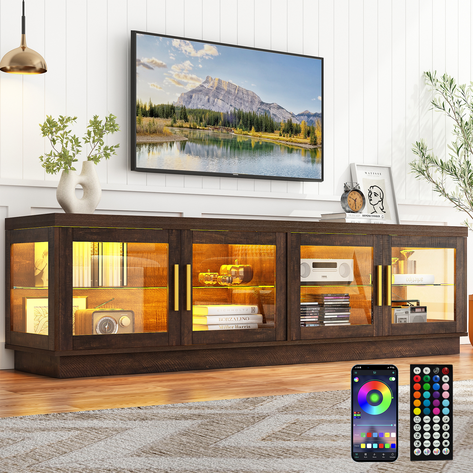 ChVans 71" LED TV Stand for 85/80/75inch TV, Wood Farmhouse TV Stand, Gaming Entertainment Center with Storage Cabinet, Modern Glass TV Stands for Living Room, Bedroom (Brown)