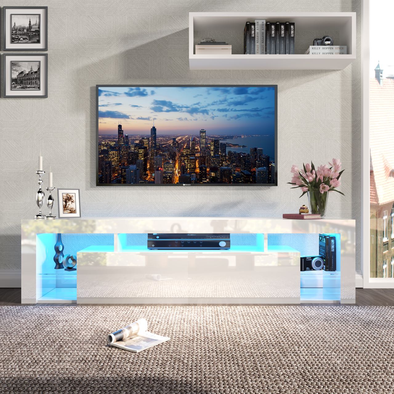 ChVans Floating TV Stand Wall Mounted for TVs up to 70", High Glossy Entertainment Center with 20 LED Lights, Hanging Remote TV Cabinet Media Console
