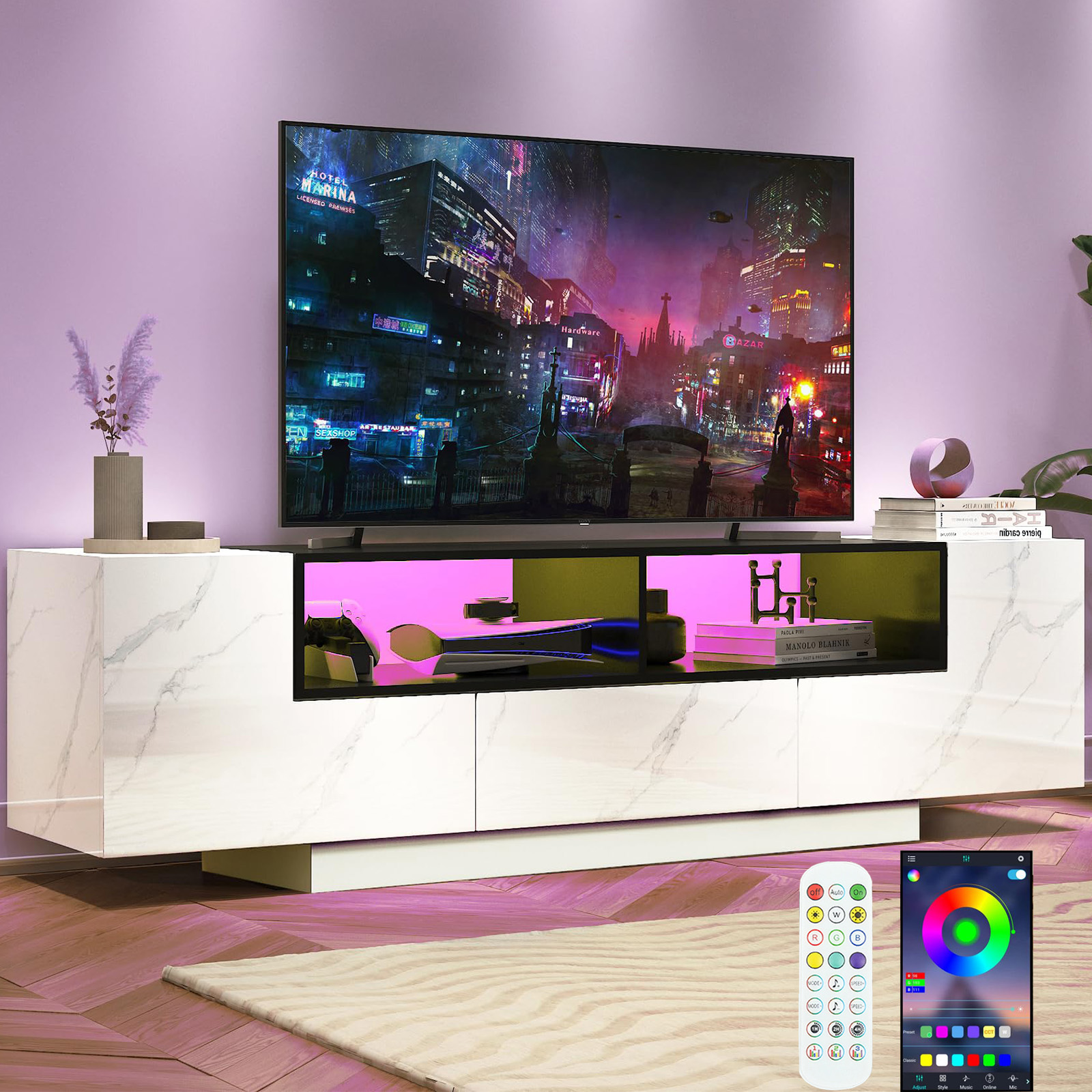 ANPOO 70" LED TV Stand for TVs up to 80" with Cabinet, 2 Open Shelves, Modern Entertainment Center Television Media Console for PS5 (White Marble)