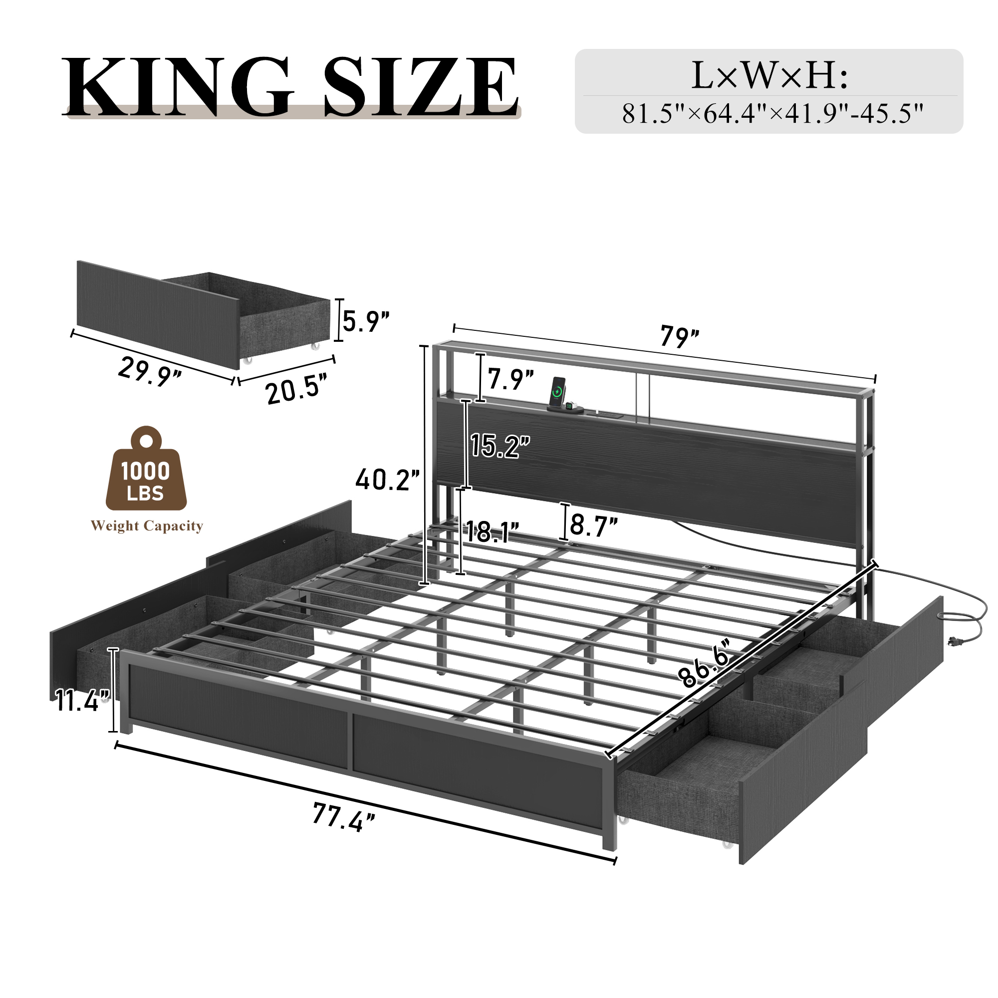 LED Bed Frame with Outlets USB Ports, Metal Platform Bed with Storage Headboard & 4 Large Drawers, No Box Spring Needed