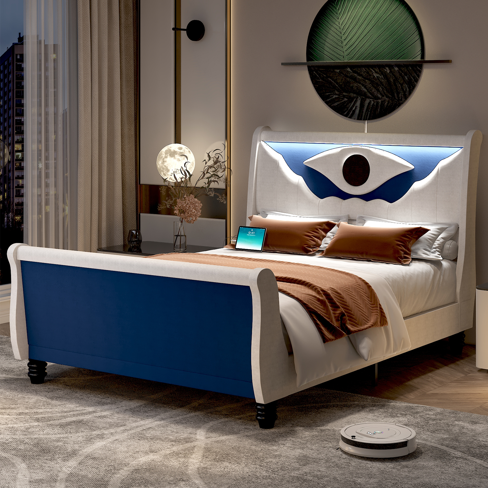 ANPOO LED Upholstered Queen Bed Frame with Solid Wood Feet, 52" Tall Sleigh Headboard and Footboard Bed Frame Queen Size with Charging Station, All-Seeing Eye Design (Blue)