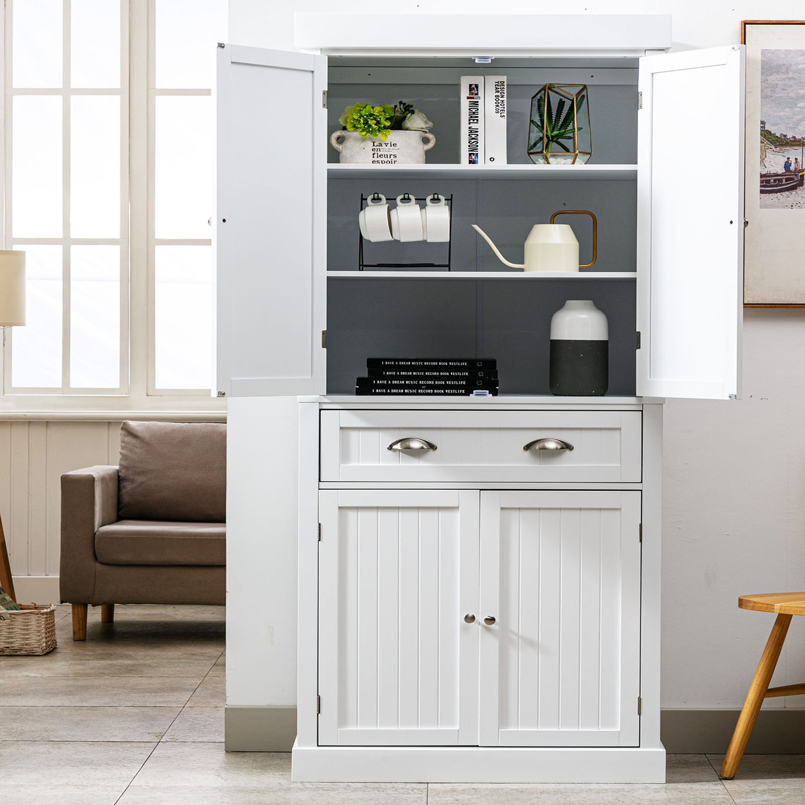 Kitchen Pantry Storage Cabinet, 72" Traditional Kitchen Pantry Cabinet, 6-Tier Freestanding Buffet Cupboards for Kitchen Storage