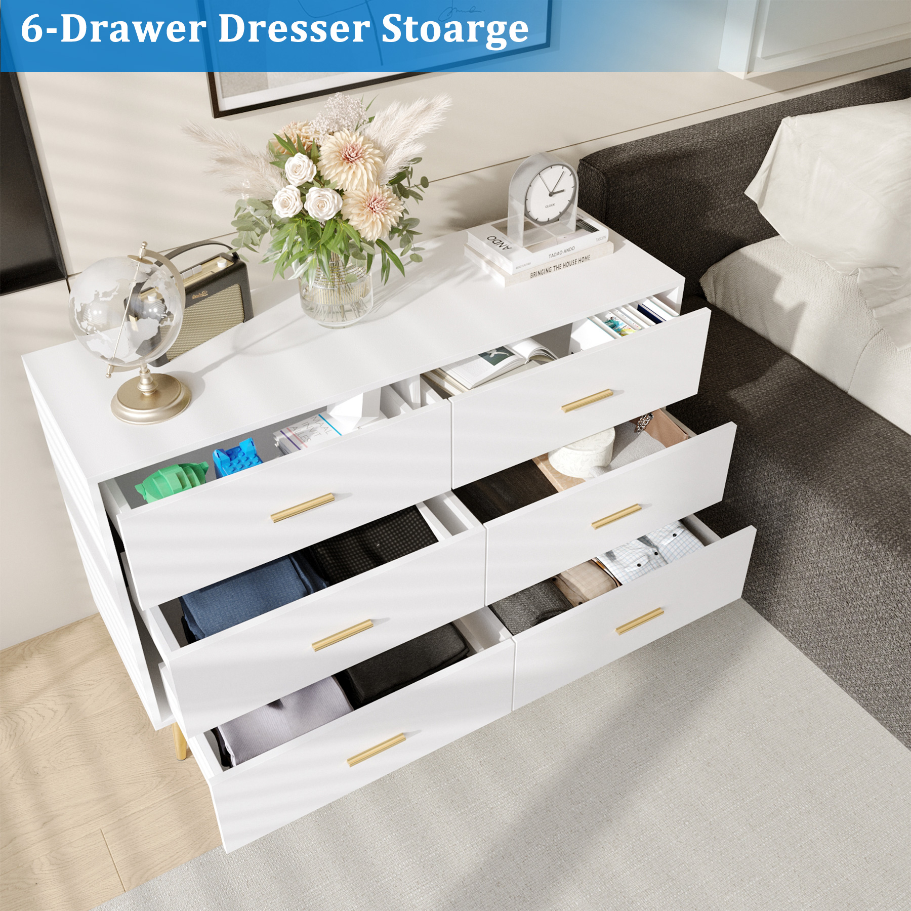 6/7 Drawers Dresser with Power Outlets, Wooden Dresser for Bedroom, Mid-Century Modern Closet Dresser for Living Room Hallway Entryway