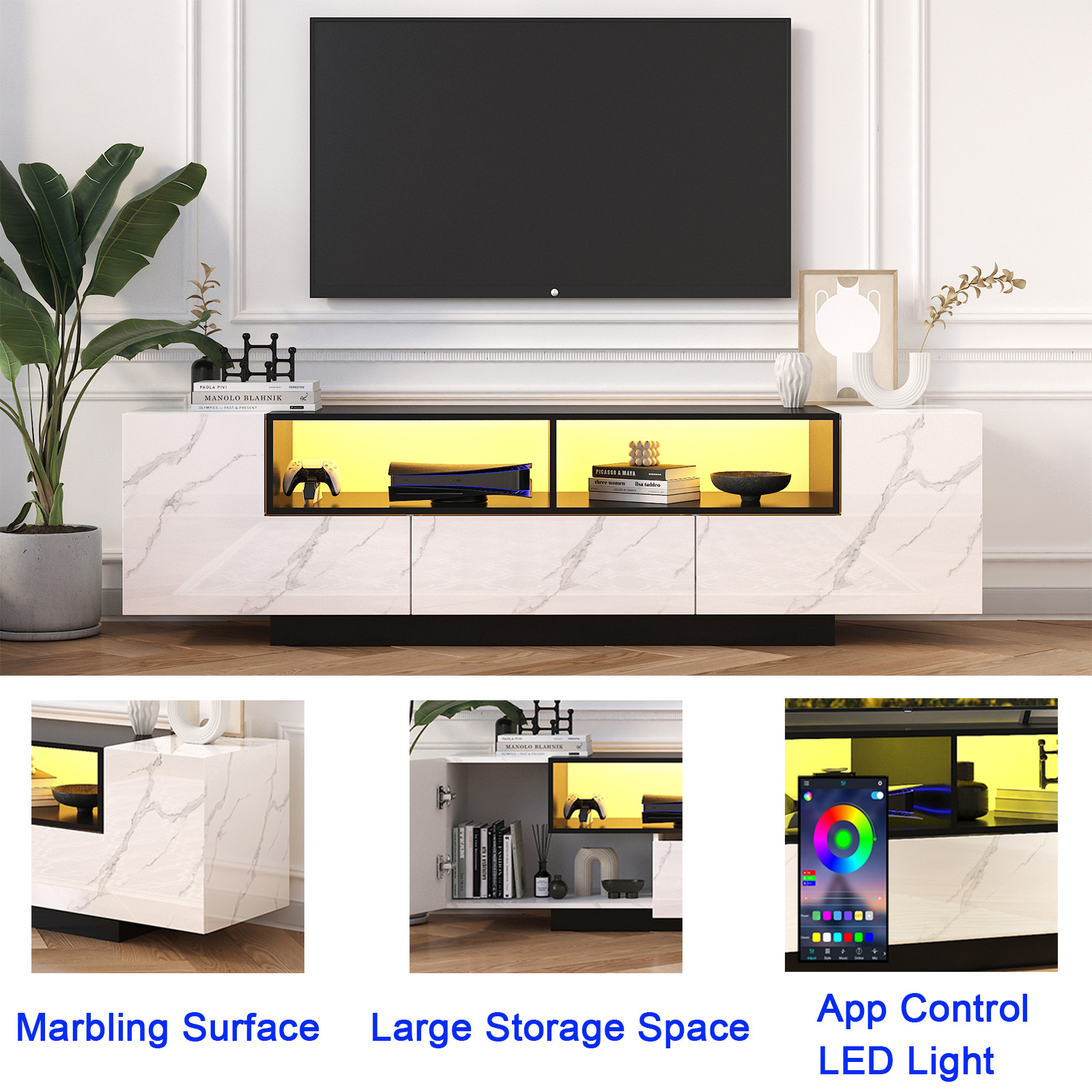 ANPOO 70" LED TV Stand for TVs up to 80" with Cabinet, 2 Open Shelves, Modern Entertainment Center Television Media Console for PS5 (White Marble)