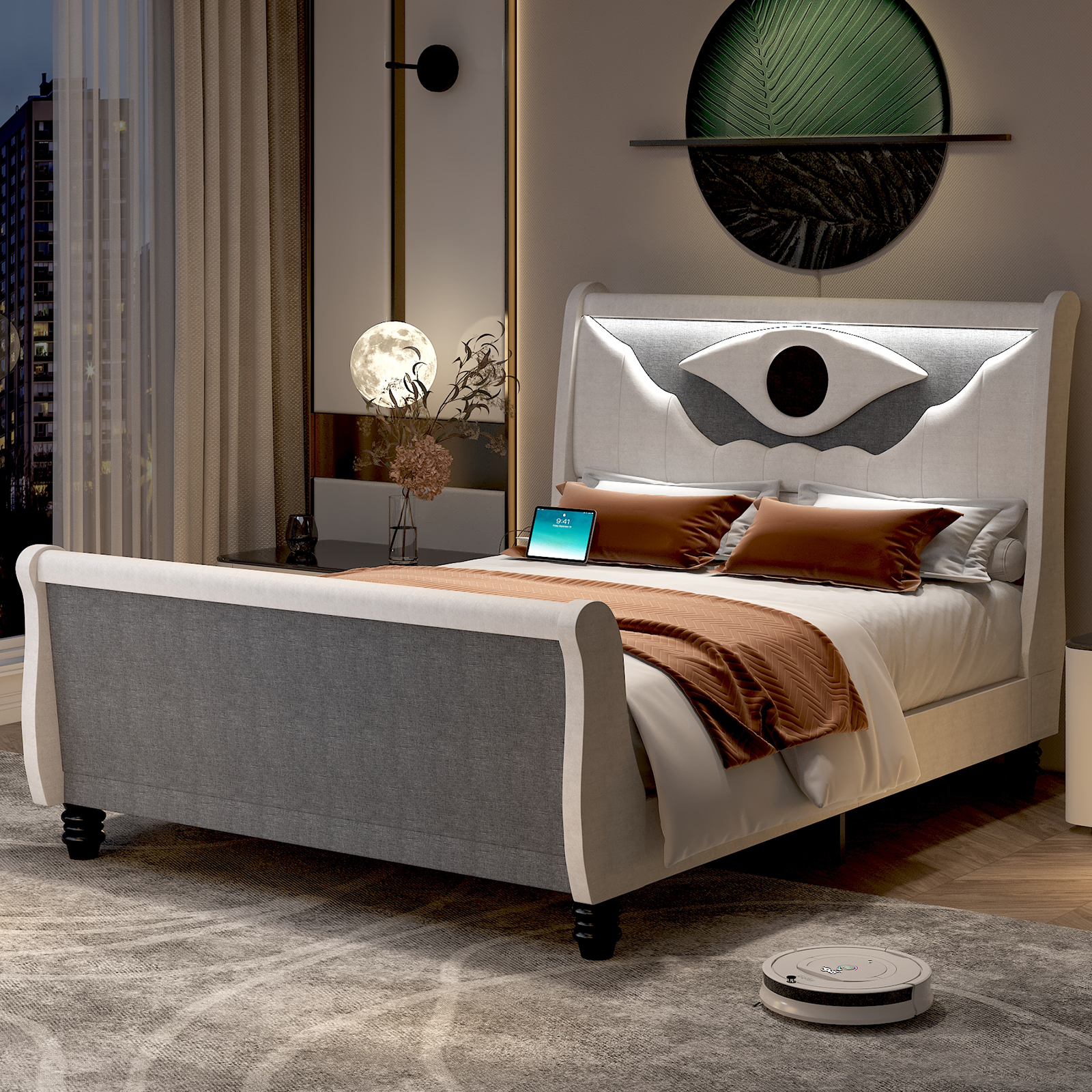 ANPOO LED Upholstered Queen Bed Frame with Solid Wood Feet, 52" Tall Sleigh Headboard and Footboard Bed Frame Queen Size with Charging Station, All-Seeing Eye Design (Blue)