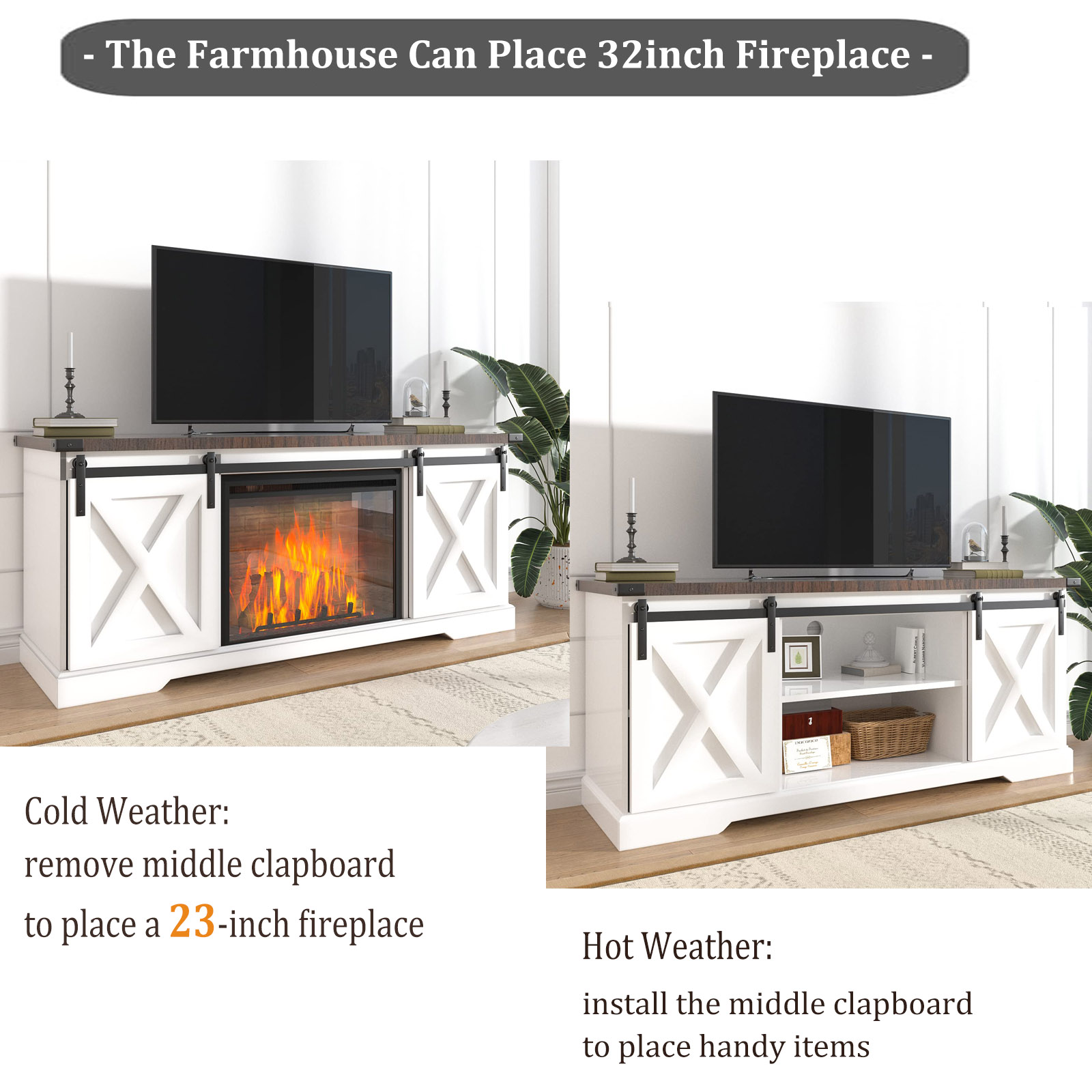 Chvans Farmhouse TV Stand for TVs up to 65 inch & 23" Electric Fireplace, Barn Door Entertainment Center Console Table with Adjustable Shevles