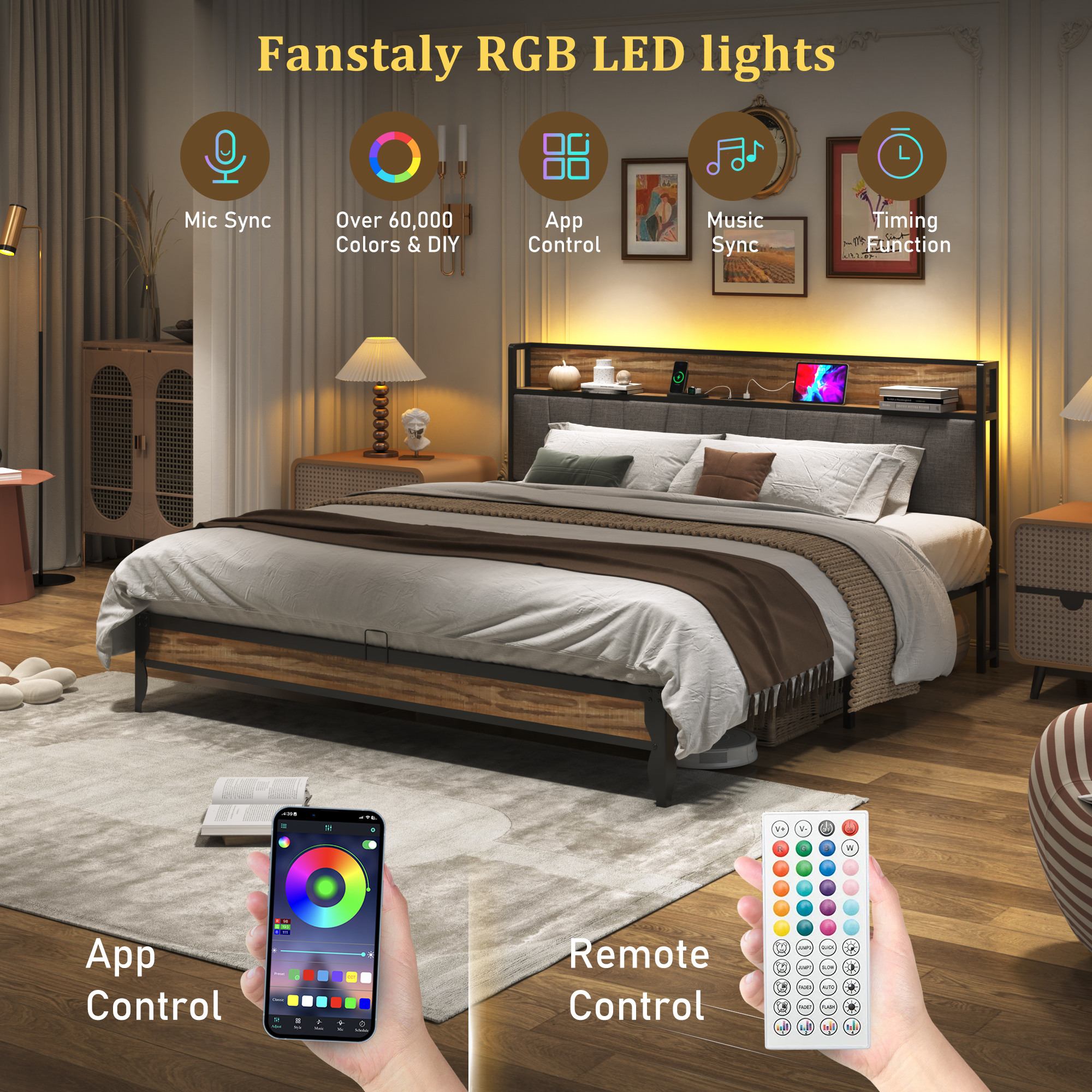 LED Light Bed Frame & Linen Upholstered Headboard, Metal Platform Bed with Outlets/USB Charging Ports, 10" Under Bed Storage