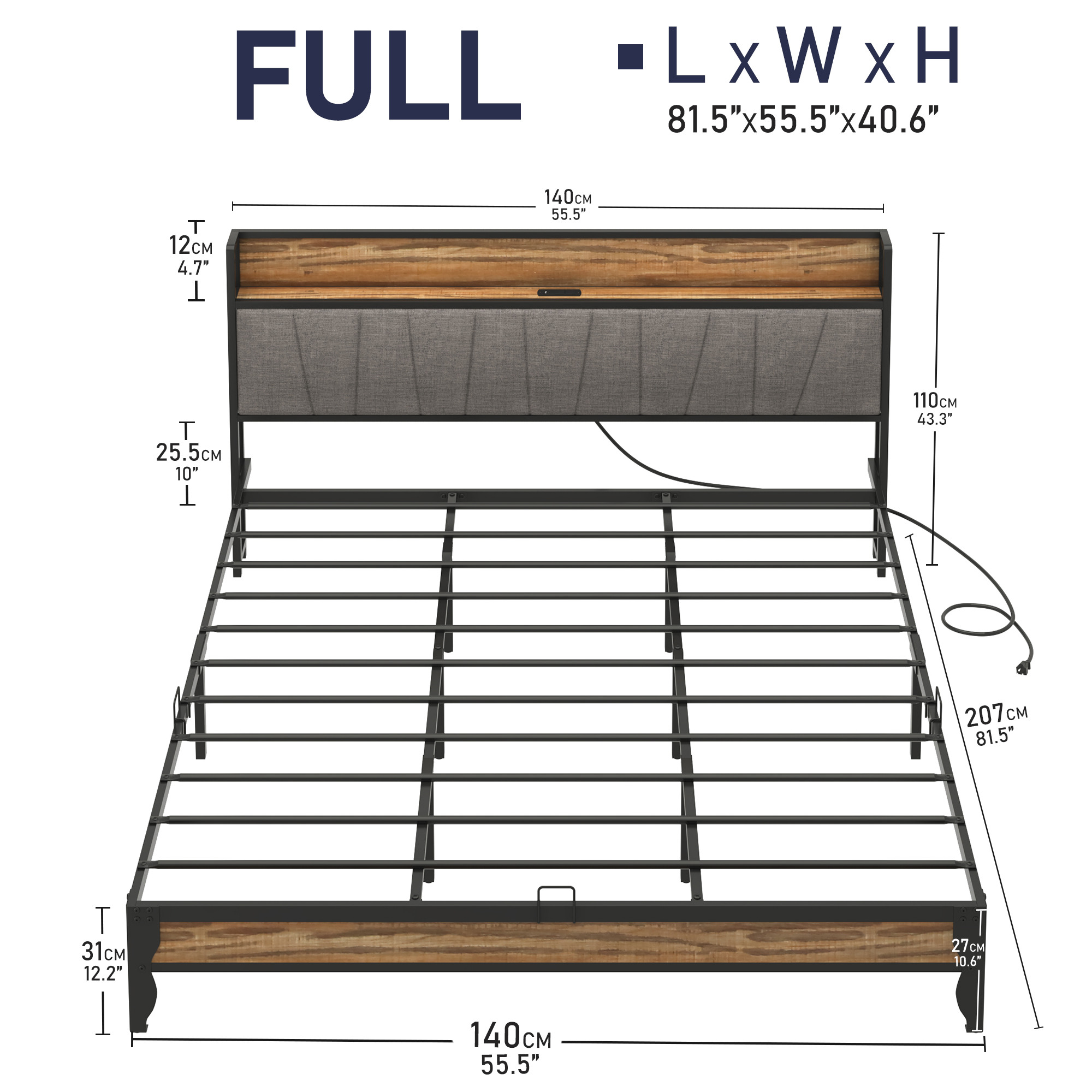 LED Light Bed Frame & Linen Upholstered Headboard, Metal Platform Bed with Outlets/USB Charging Ports, 10" Under Bed Storage