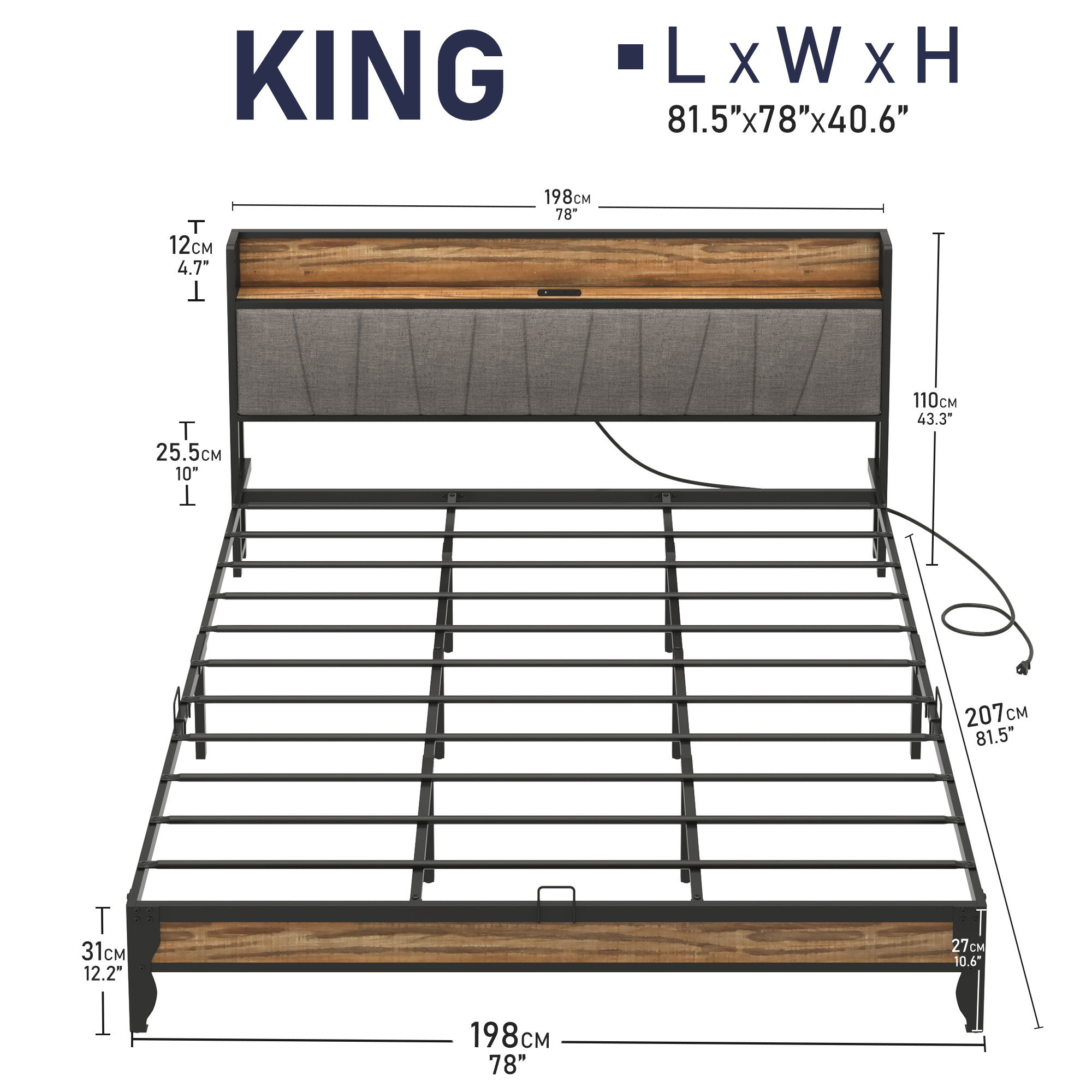 LED Light Bed Frame & Linen Upholstered Headboard, Metal Platform Bed with Outlets/USB Charging Ports, 10" Under Bed Storage