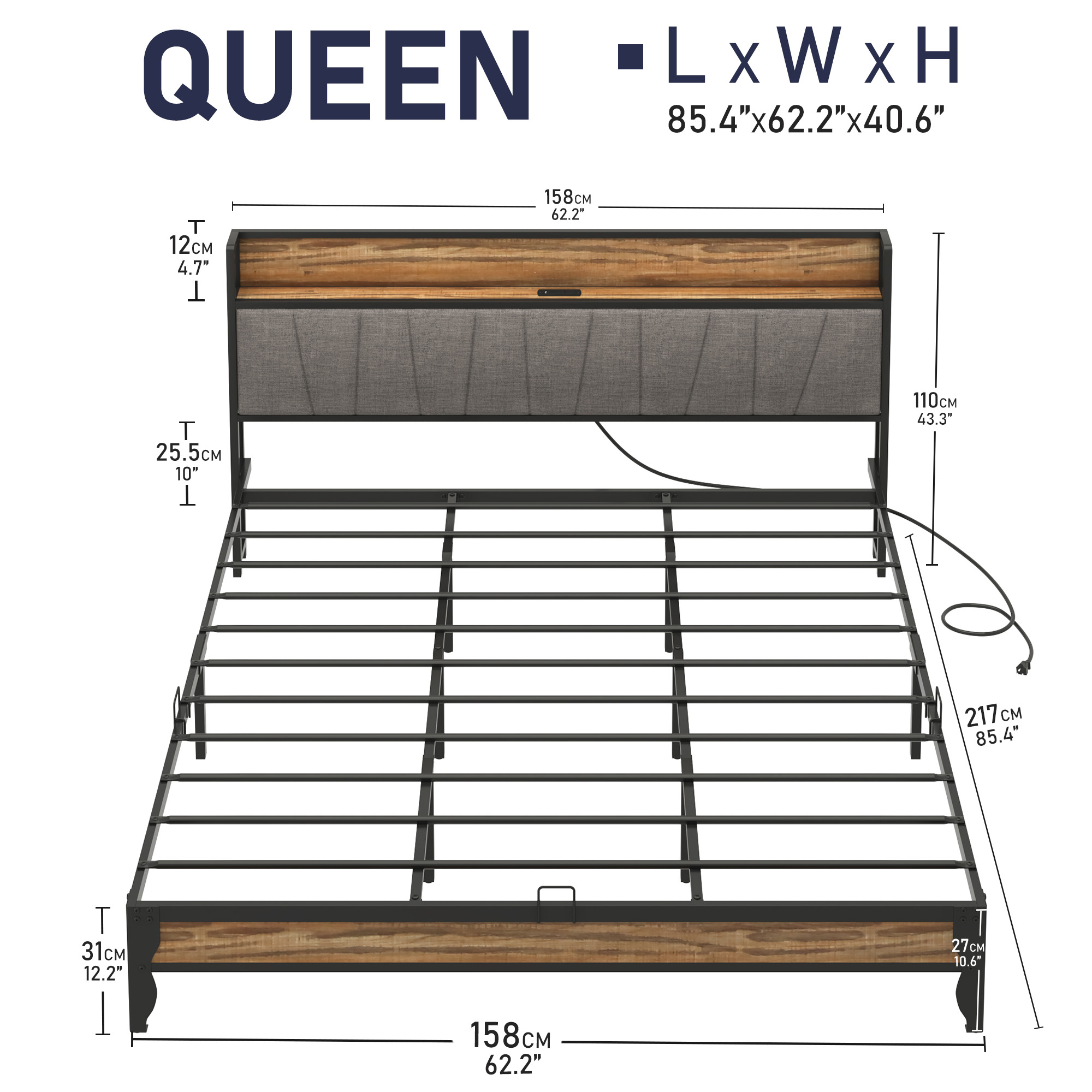 LED Light Bed Frame & Linen Upholstered Headboard, Metal Platform Bed with Outlets/USB Charging Ports, 10" Under Bed Storage