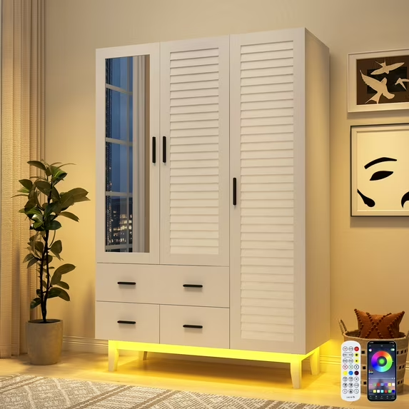 ChVans 71" Tall Armoire Wardrobe with Mirror & LED Lights , 4 Door Wood Wardrobe Armoire with 2 Large Drawers & Multi-Layer Shelves and Hanging Rod, Large Capacity Louver Storage Cabinet, Black